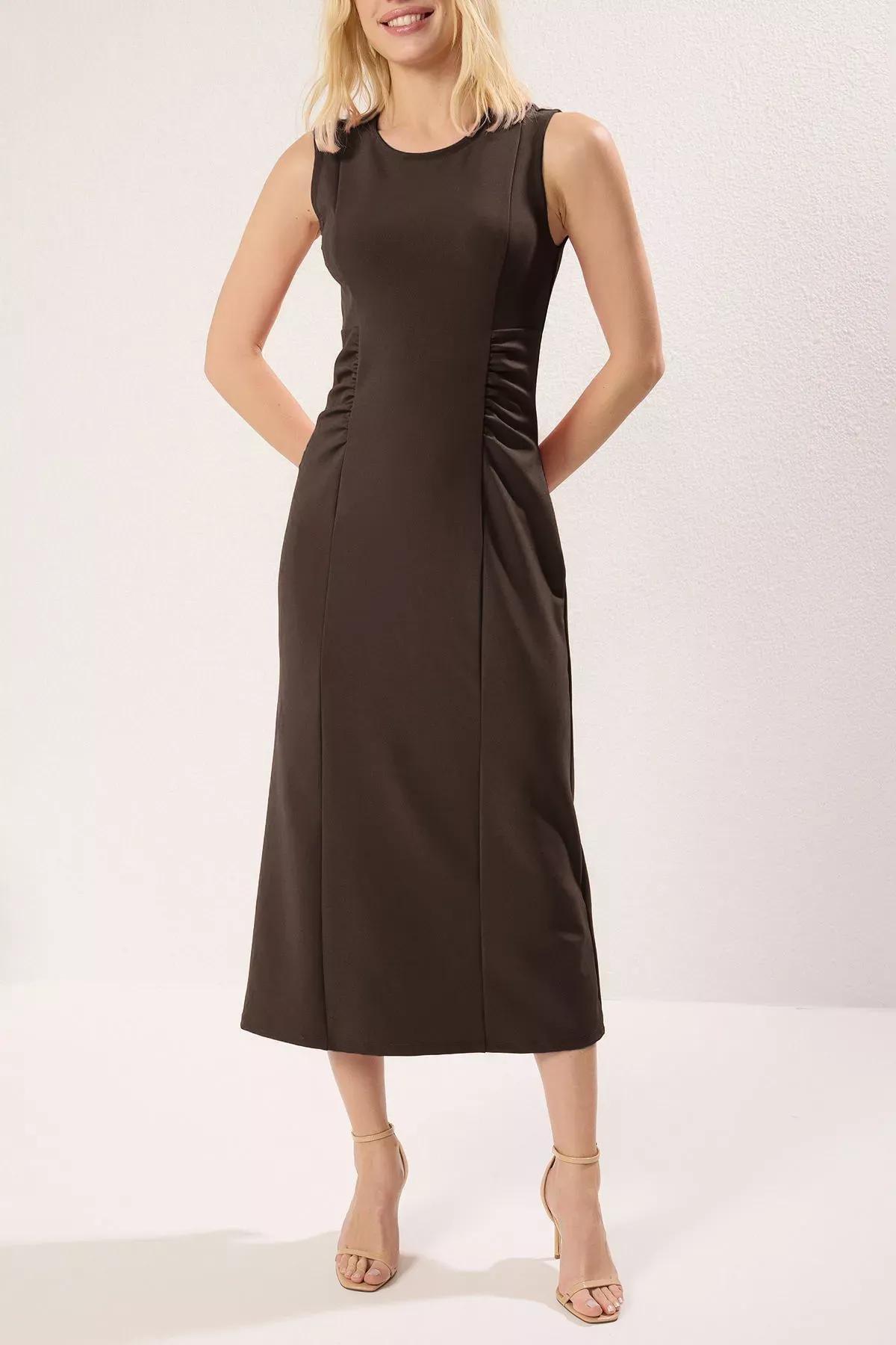 Brown Bodycon Midi Knit Dress, Brown, large image number 3
