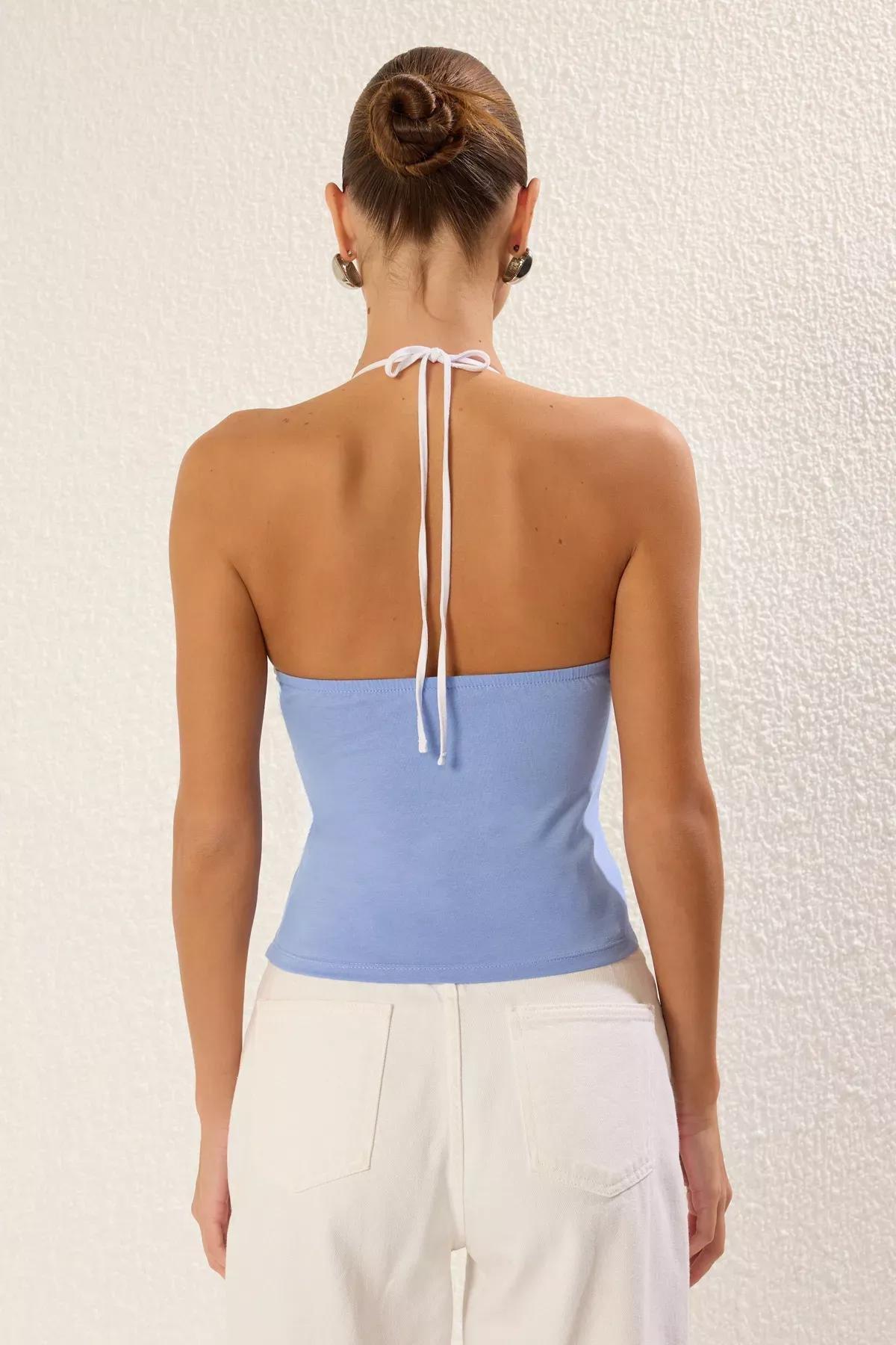 Blue Piping Detail Elastic Knitted Blouse, , large image number 4