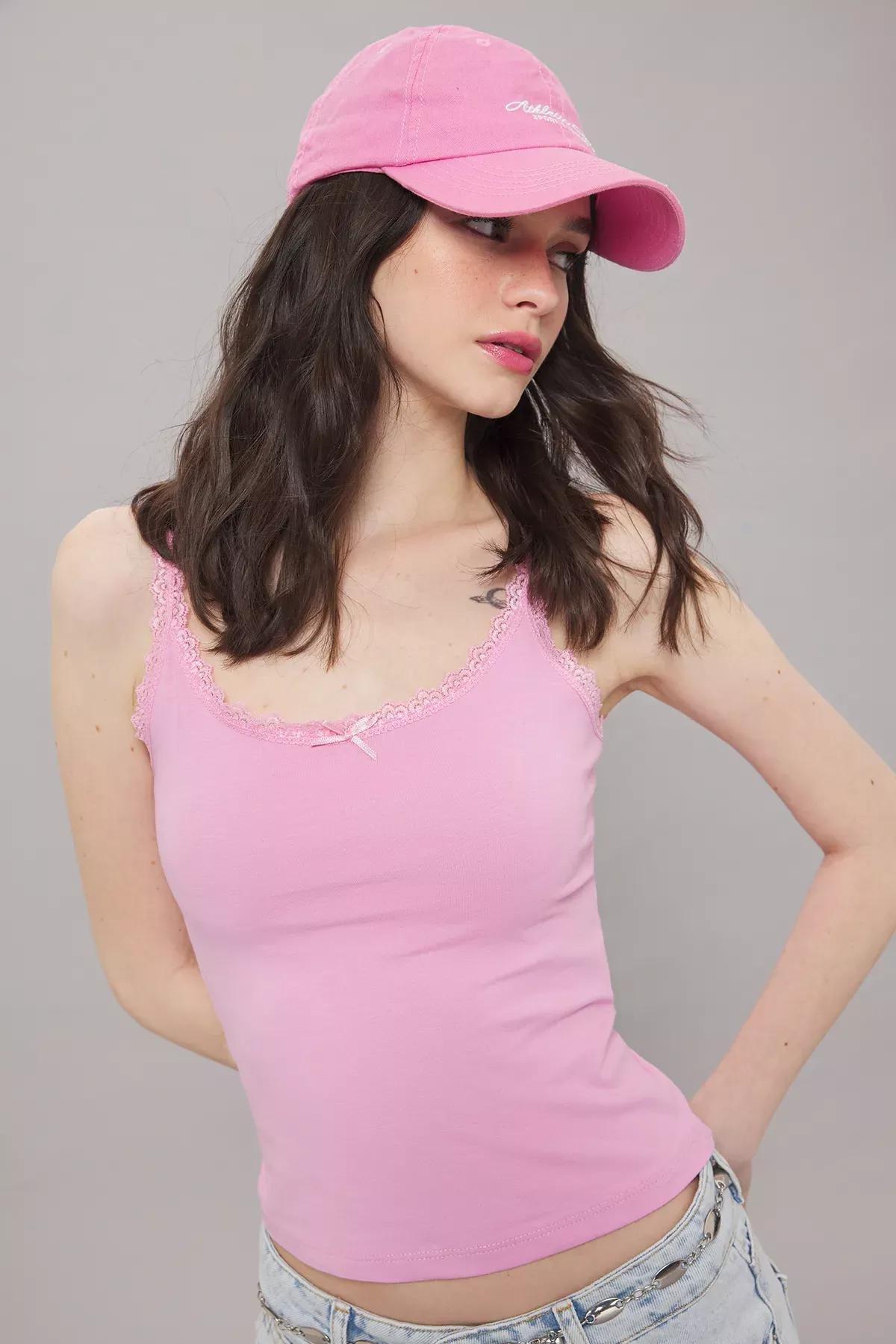 Pink Lace Bow Knit Blouse, Pink, large image number 1