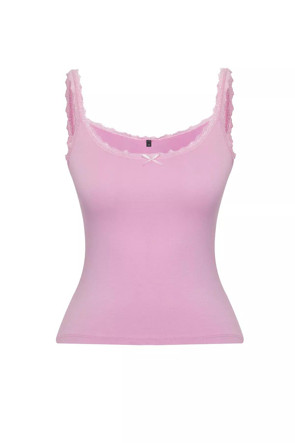 Pink Lace Bow Knit Blouse, Pink, large image number 4