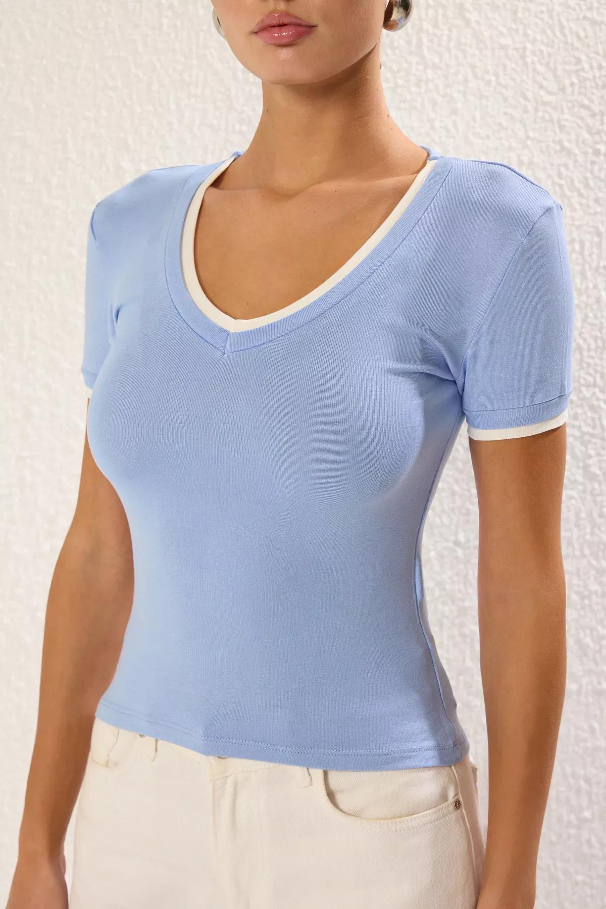 Blue Color Block Knit Blouse, LIGHT BLUE, large image number 2