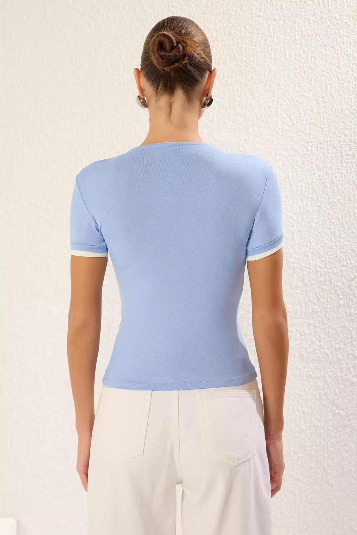 Blue Color Block Knit Blouse, LIGHT BLUE, large image number 4