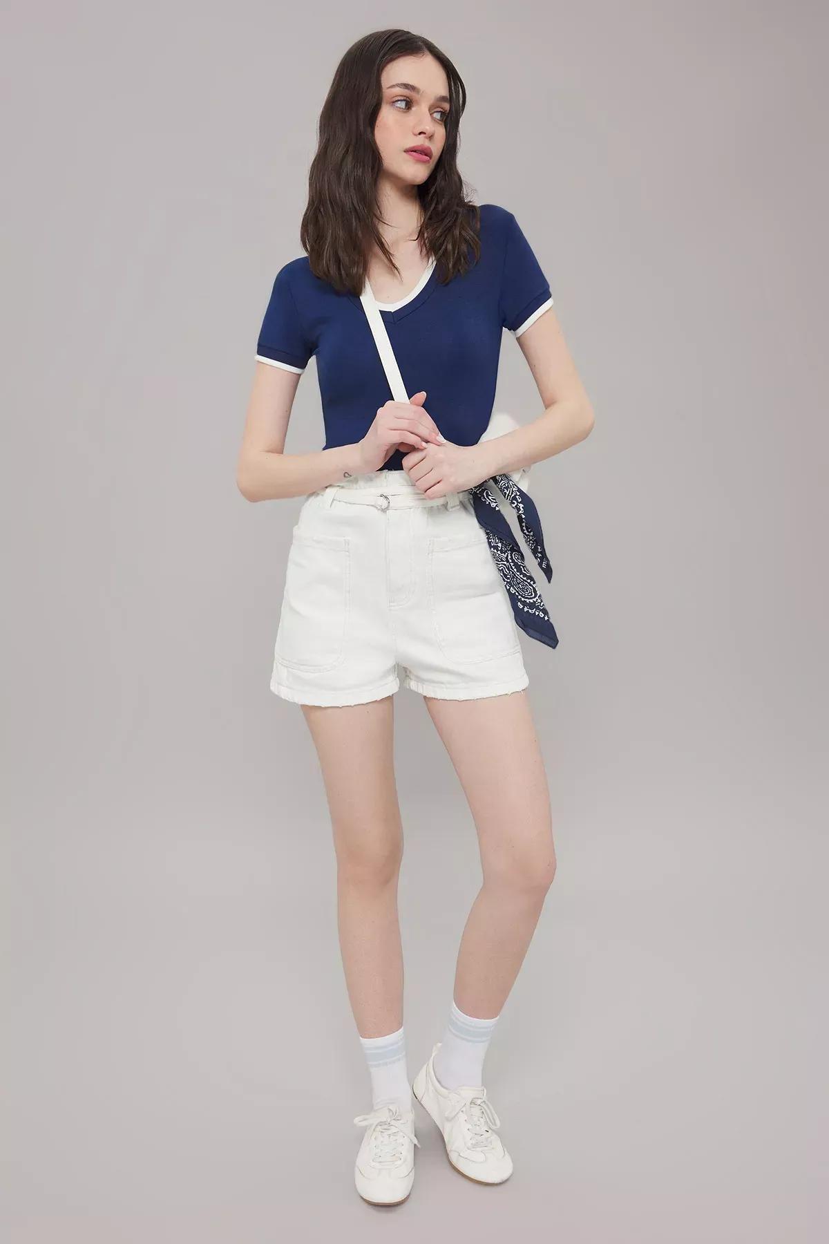 بلوزة ضيقة مُحاكة بنمط مقسم بالألوان، كحلي, Navy blue, large image number 1