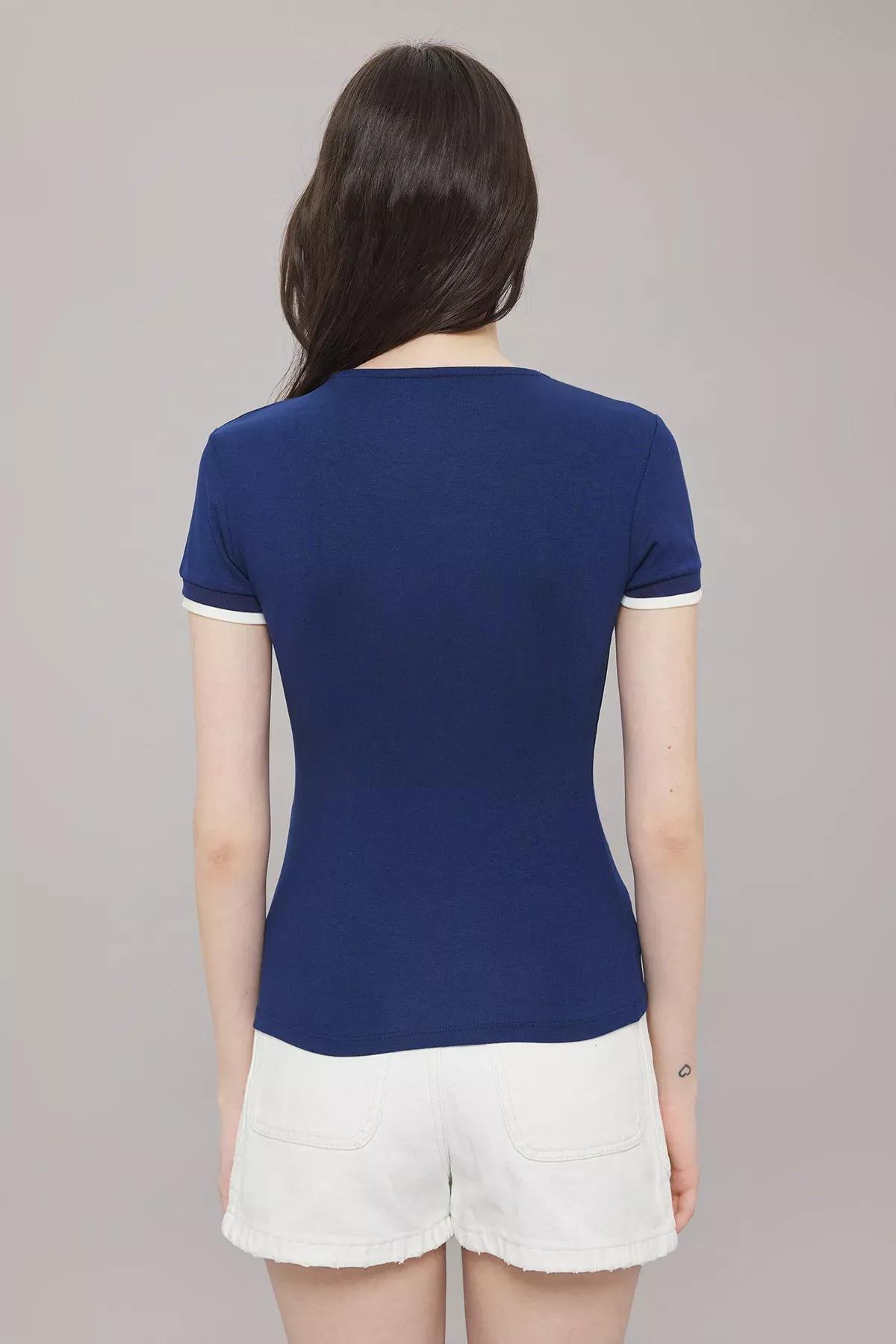 بلوزة ضيقة مُحاكة بنمط مقسم بالألوان، كحلي, Navy blue, large image number 3