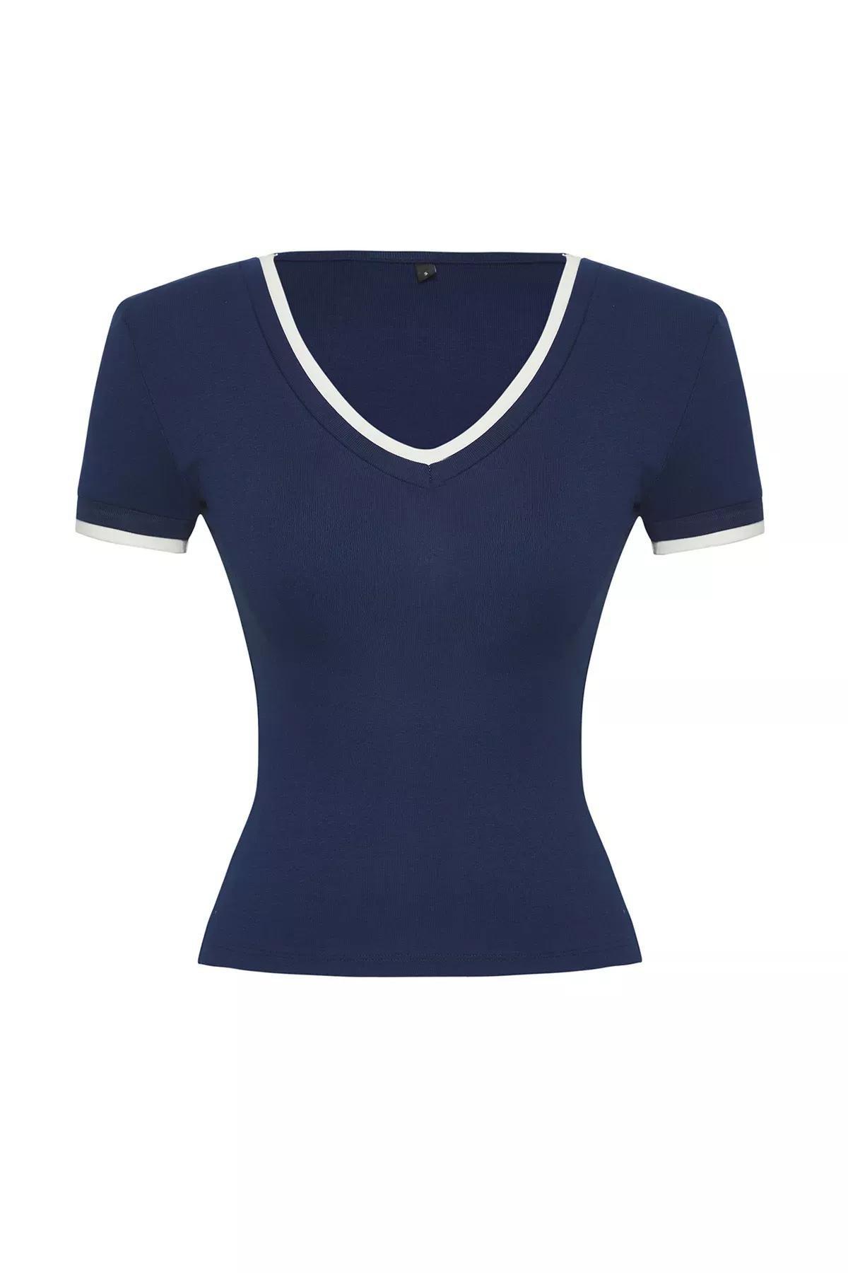 بلوزة ضيقة مُحاكة بنمط مقسم بالألوان، كحلي, Navy blue, large image number 4