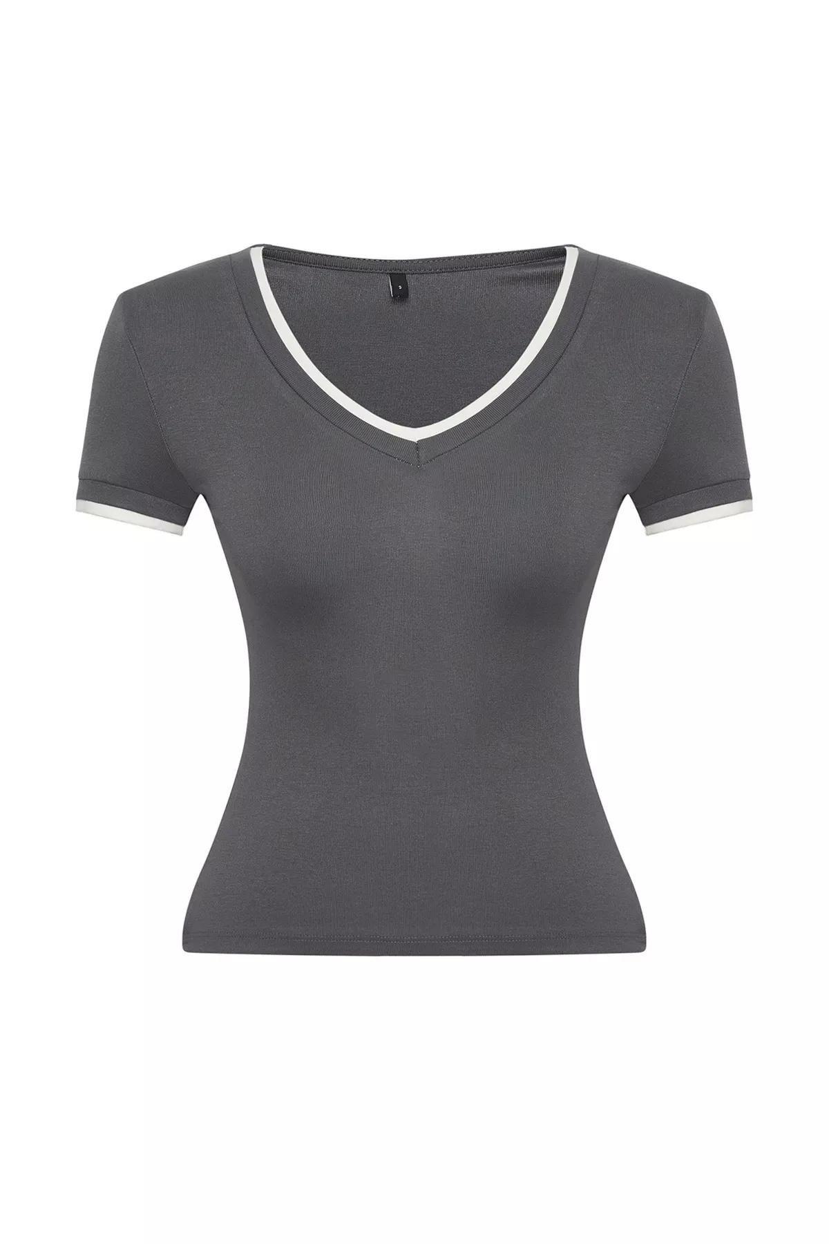 Grey Color Block Fitted Knit Blouse, , large image number 4