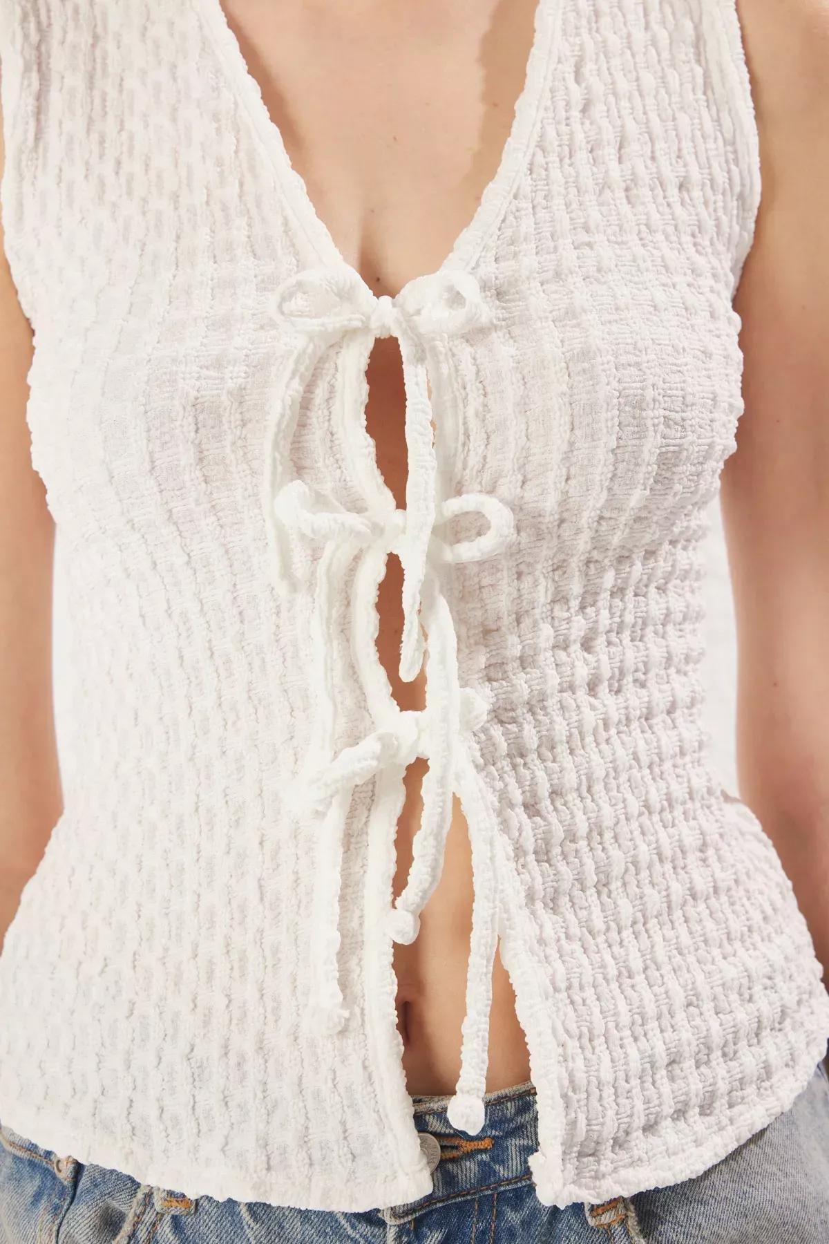 Beige Tie Detail Stretchy Blouse, , large image number 3