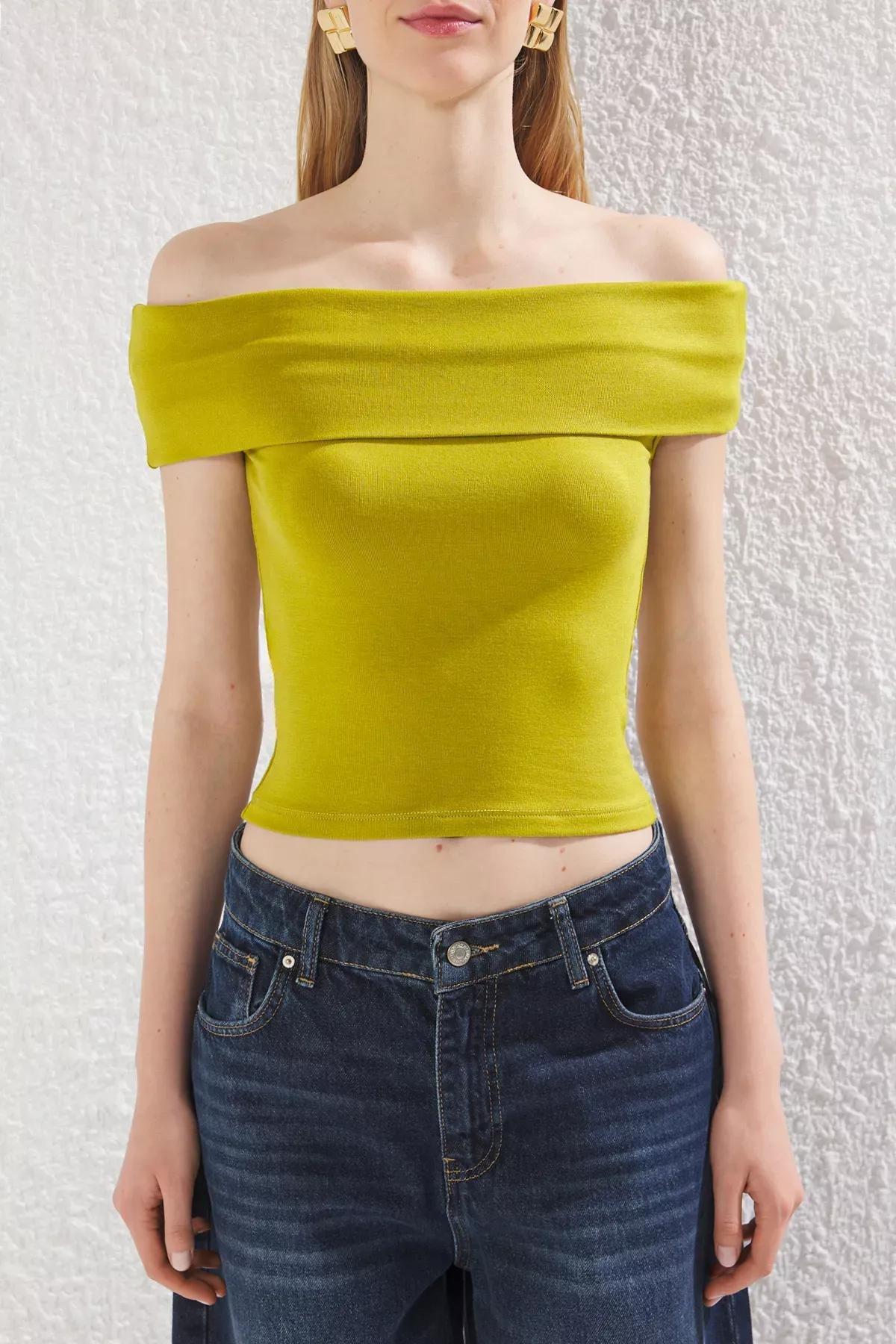 Green Carmen Collar Knitted Blouse, OIL GREEN, large image number 0