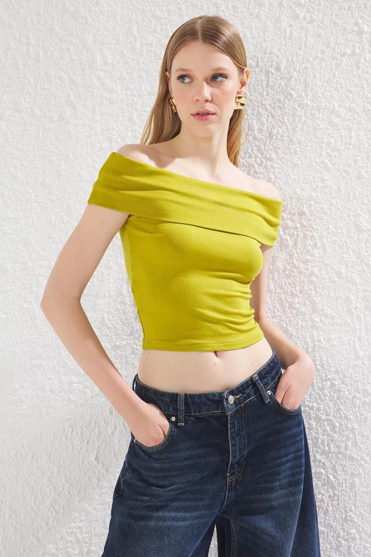 Green Carmen Collar Knitted Blouse, OIL GREEN, large image number 1