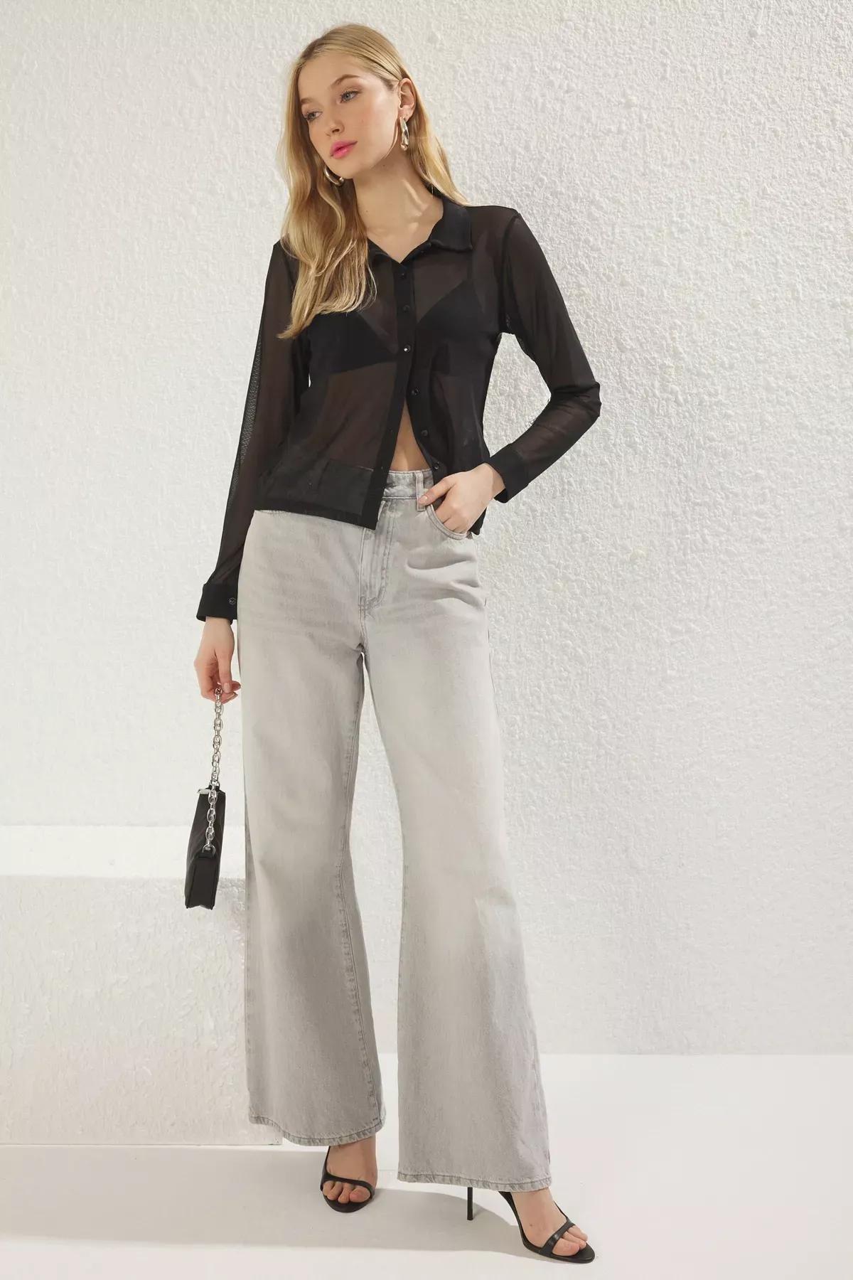 Black Tulle Fitted Stretch Knit Shirt, , large image number 2