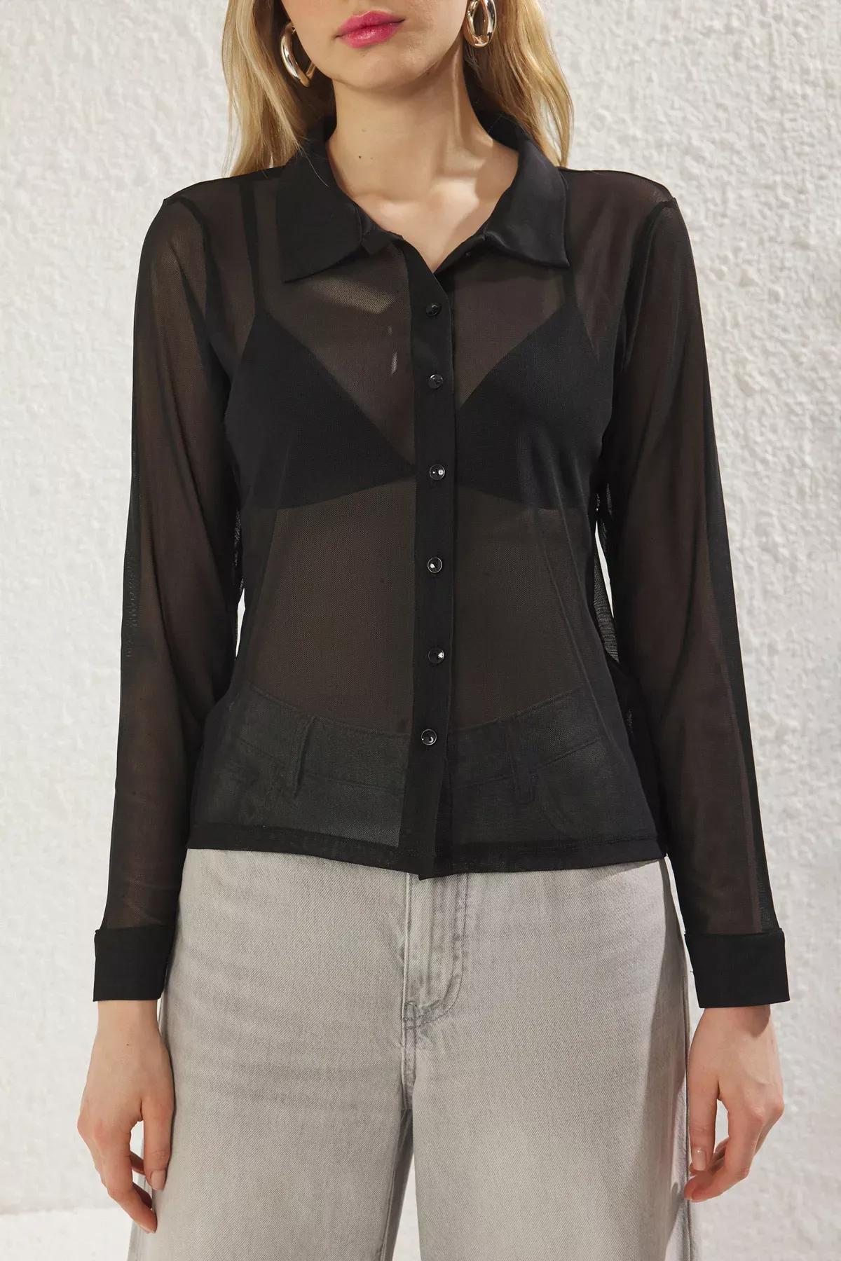 Black Tulle Fitted Stretch Knit Shirt, , large image number 3