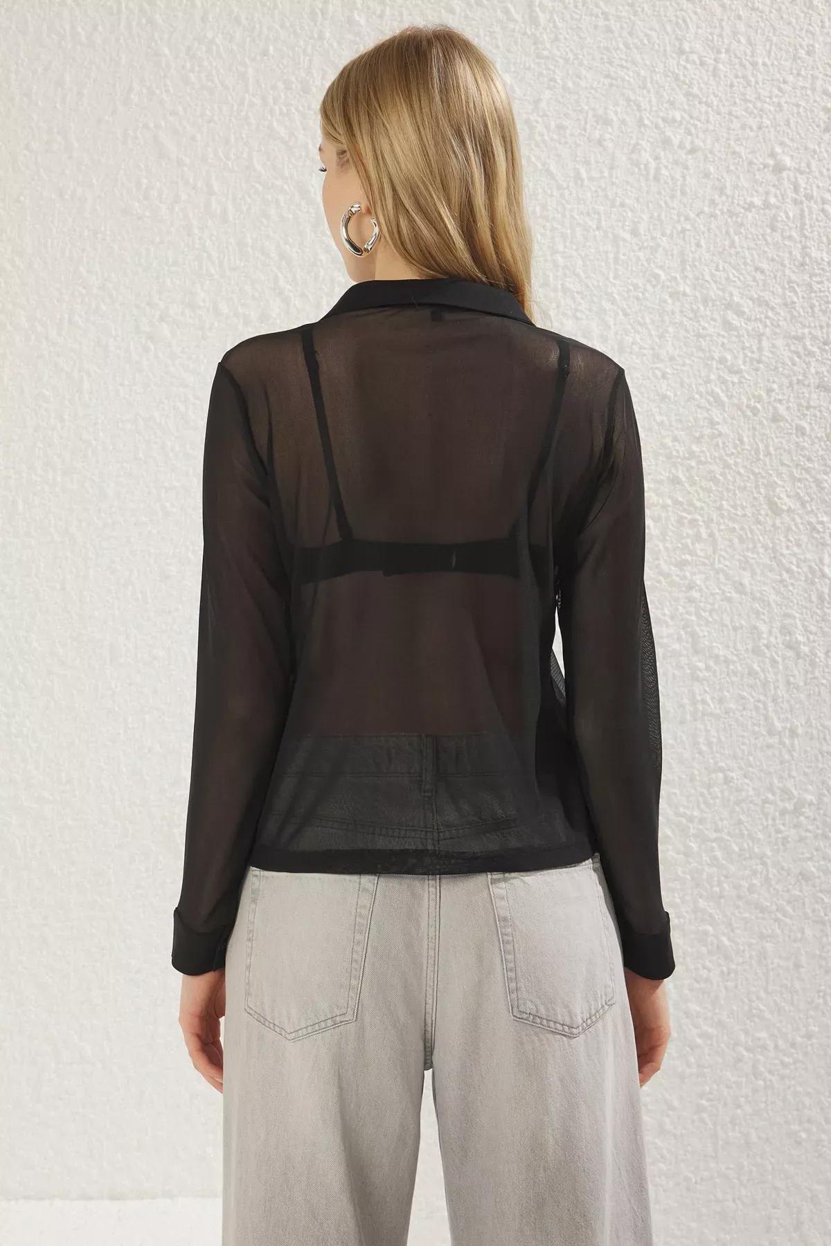 Black Tulle Fitted Stretch Knit Shirt, , large image number 4
