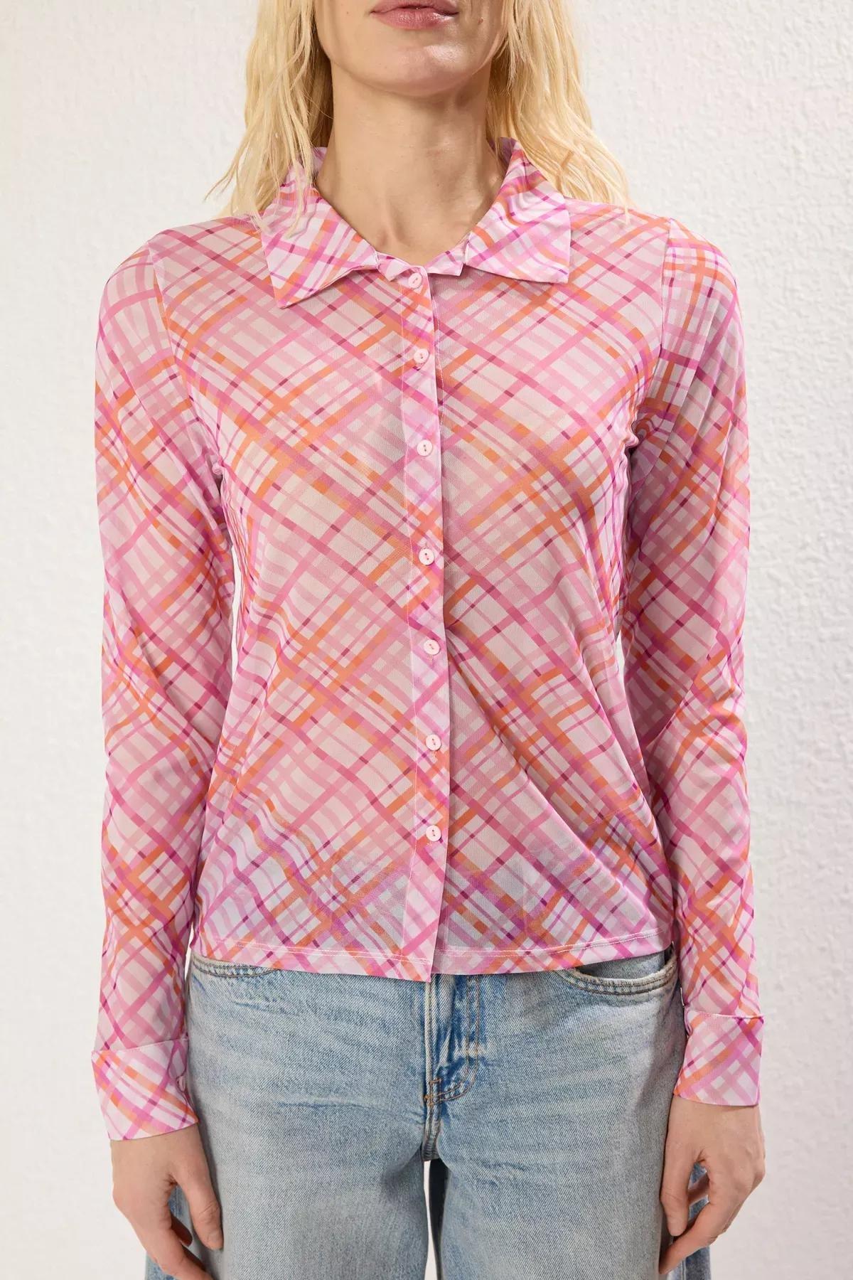 Pink Tulle Plaid Knit Shirt, , large image number 2