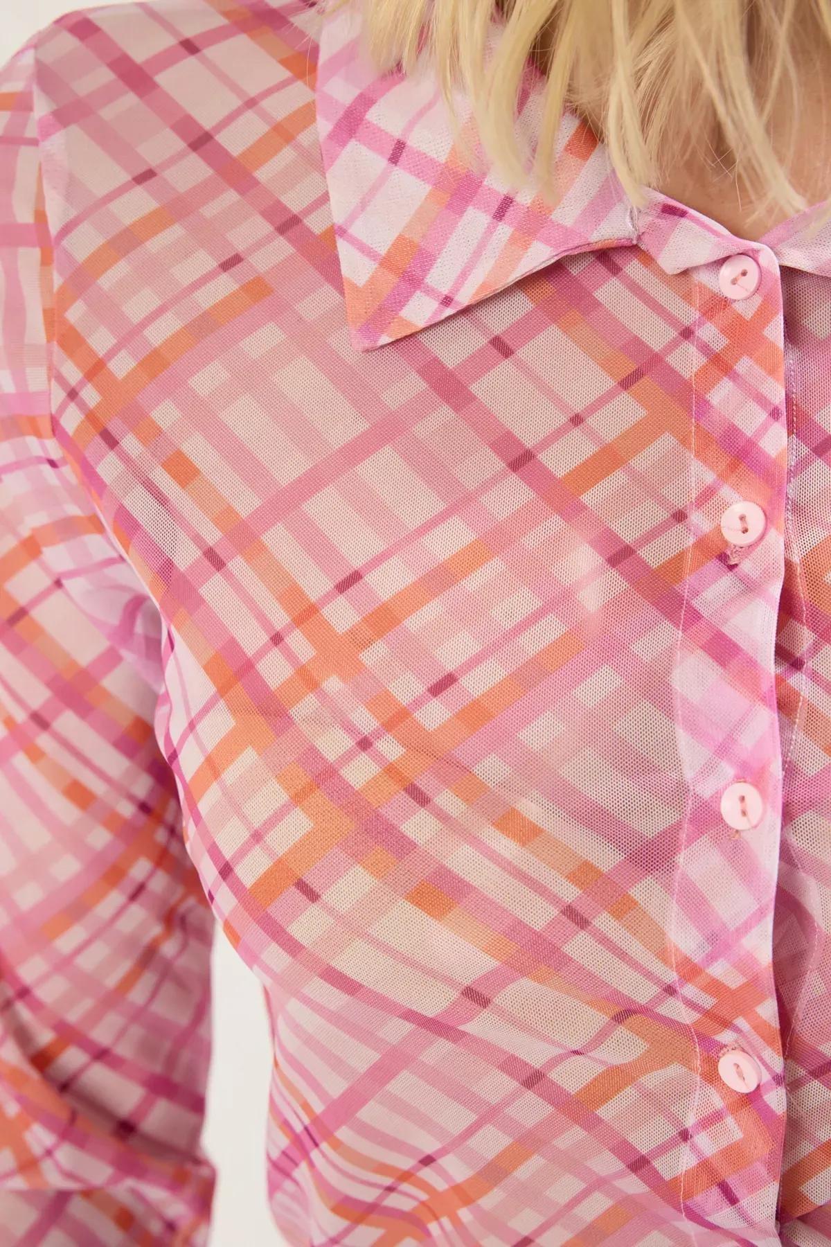 Pink Tulle Plaid Knit Shirt, , large image number 3