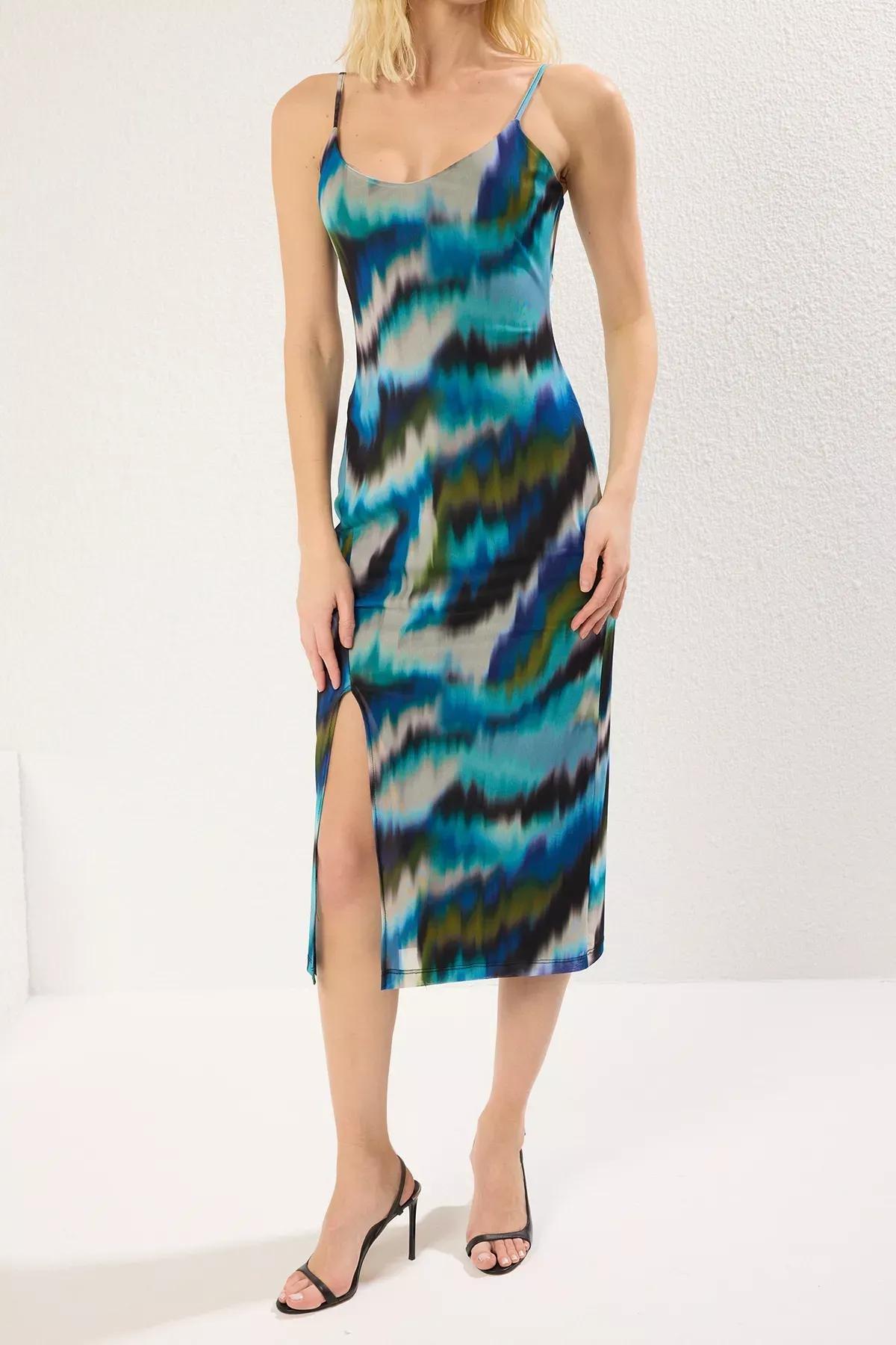 Navy Abstract Tulle Fitted Knit Midi Dress, , large image number 2