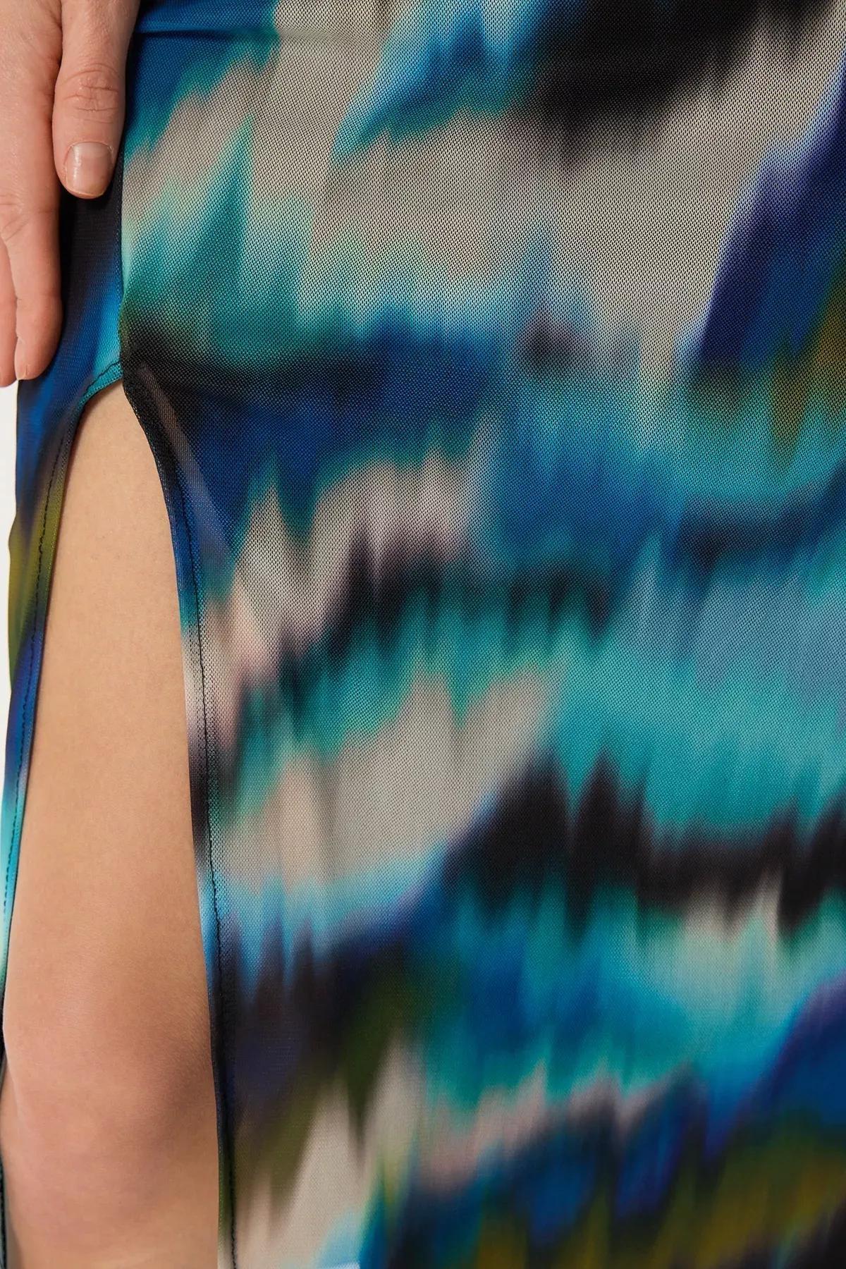 Navy Abstract Tulle Fitted Knit Midi Dress, , large image number 3