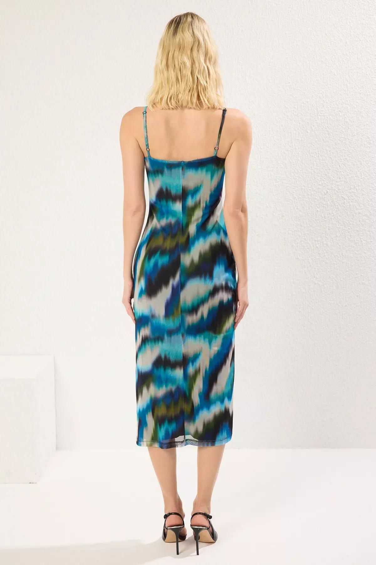 Navy Abstract Tulle Fitted Knit Midi Dress, , large image number 4