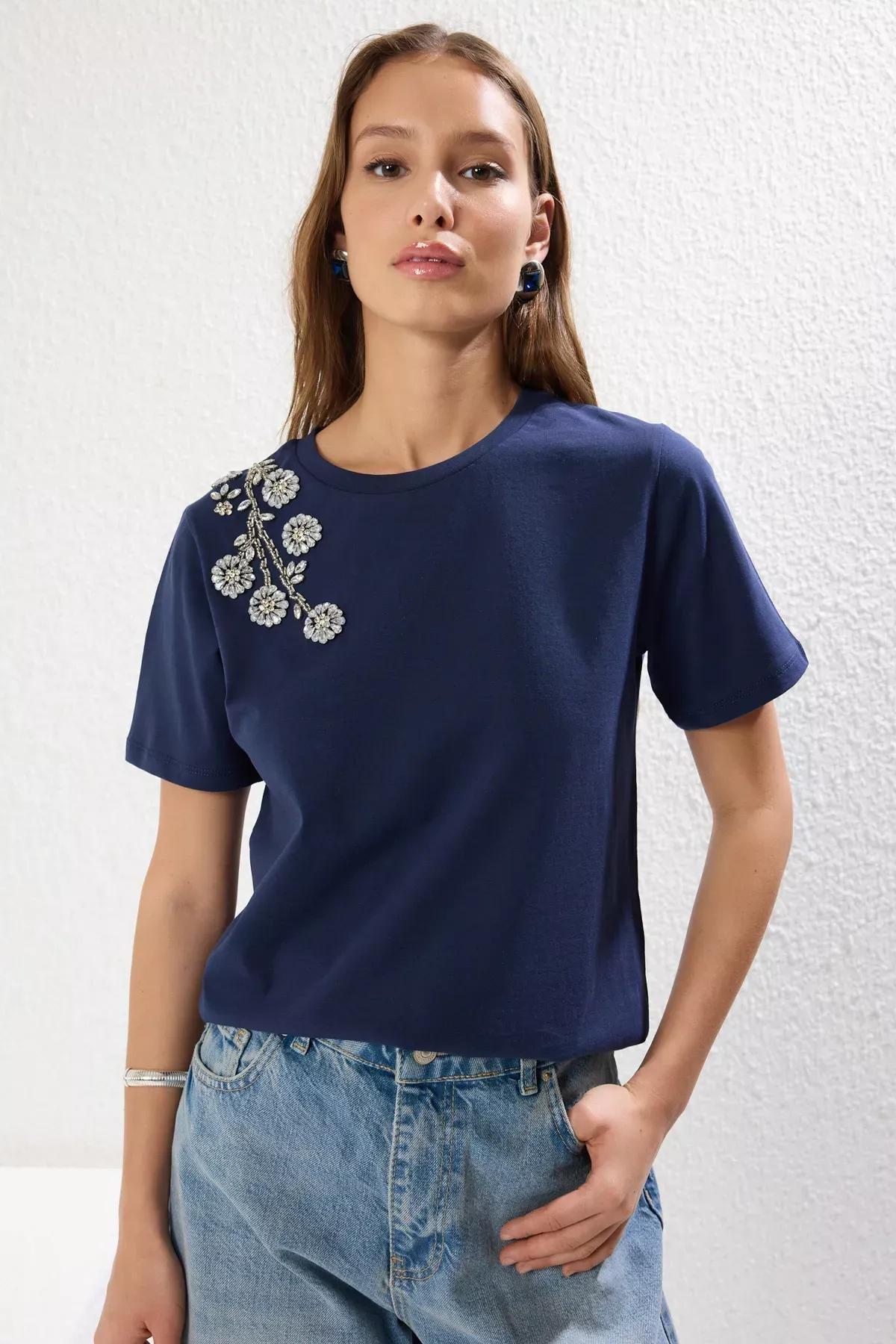 Navy Beige Pattern Knitted T-Shirt, , large image number 0