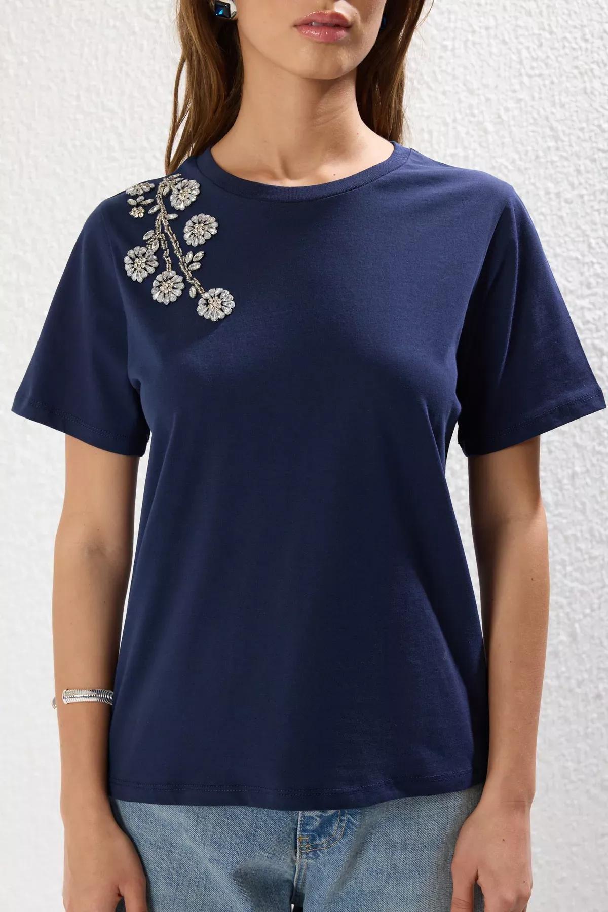Navy Beige Pattern Knitted T-Shirt, , large image number 2
