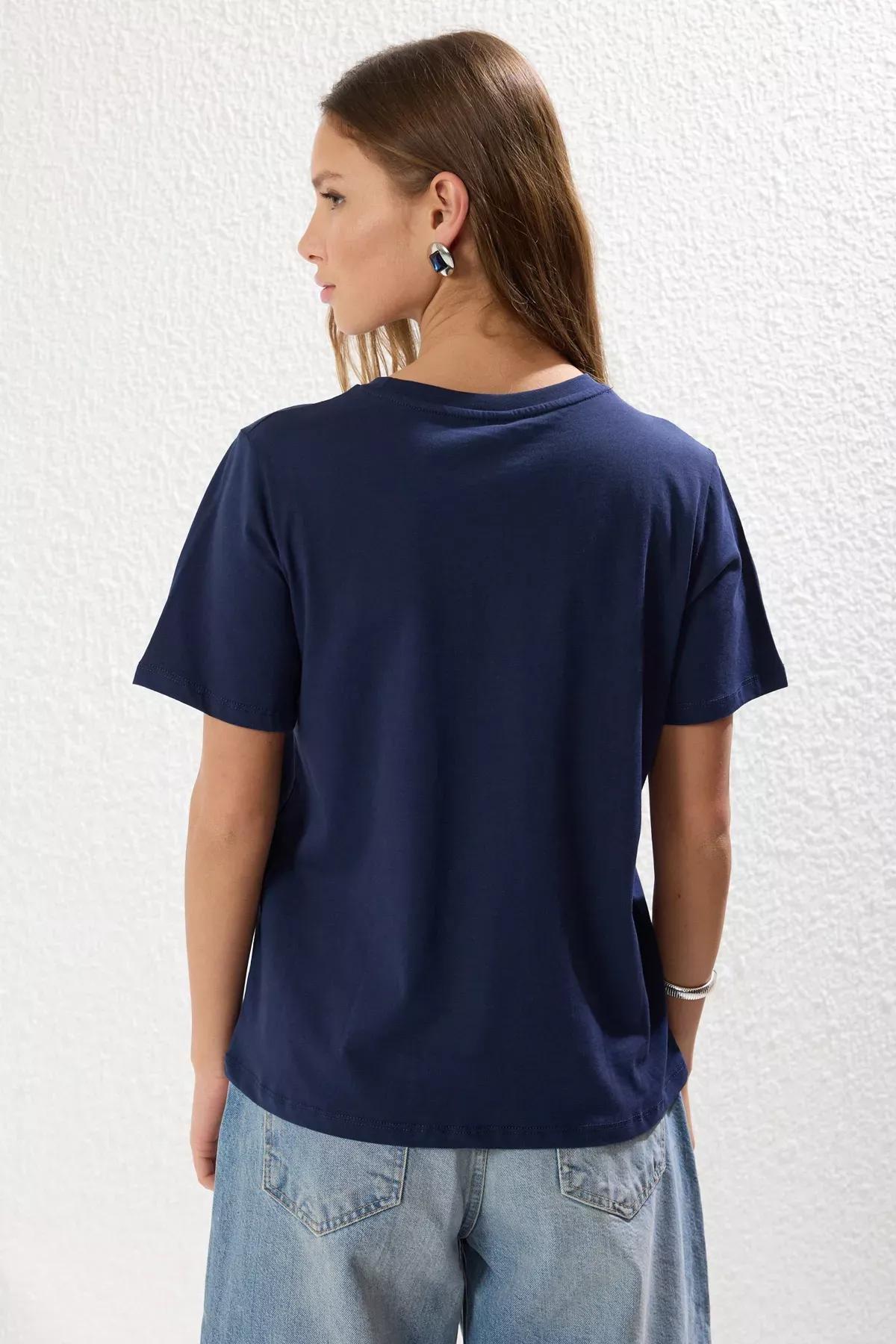 Navy Beige Pattern Knitted T-Shirt, , large image number 4