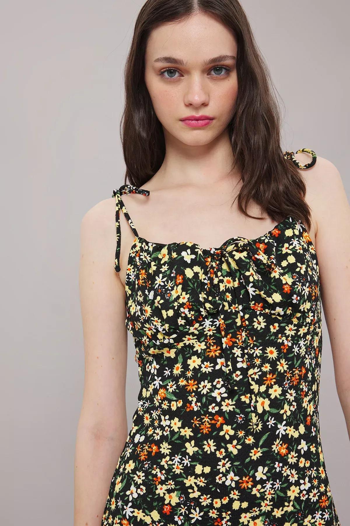 Yellow Floral Skater Mini Knit Dress, Yellow, large image number 1