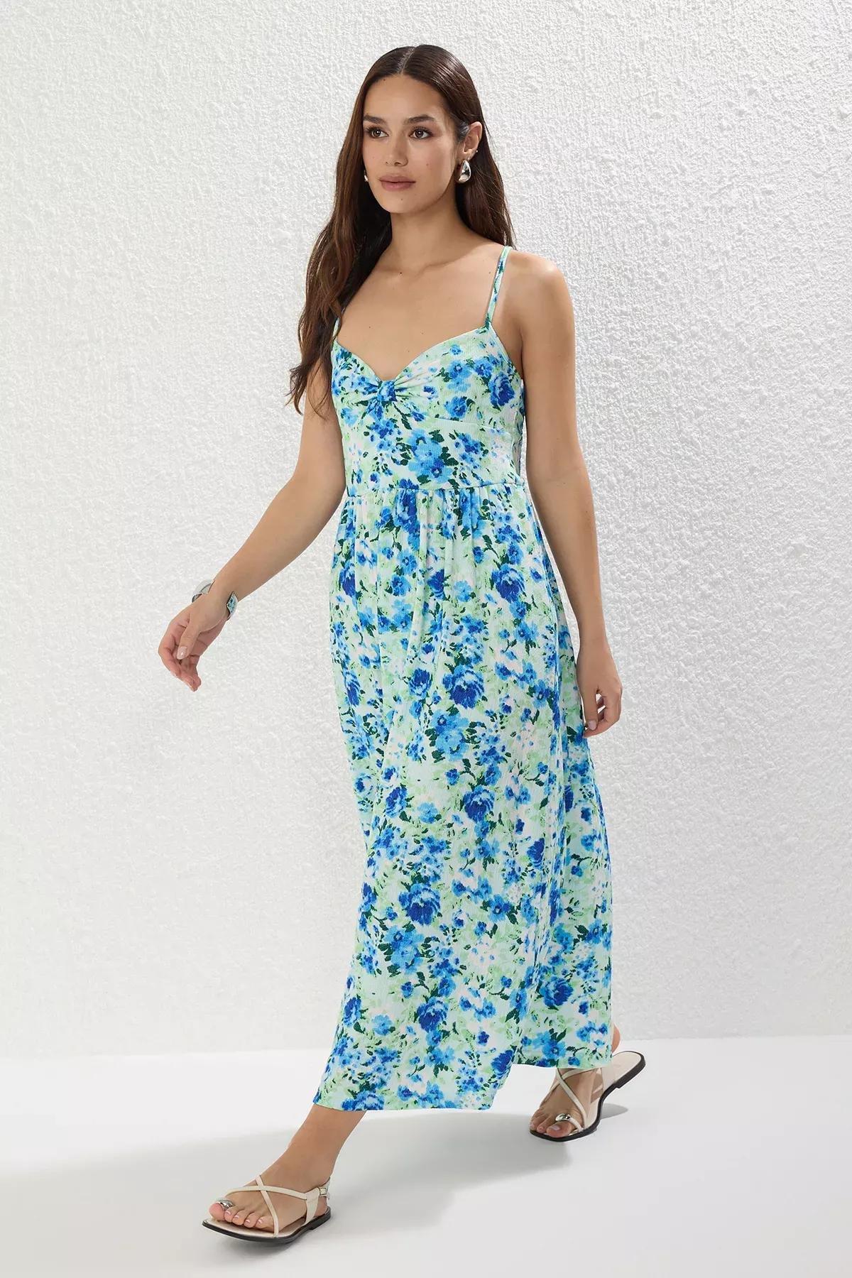 Blue Floral Printed Pleated Dress, Blue, large image number 1