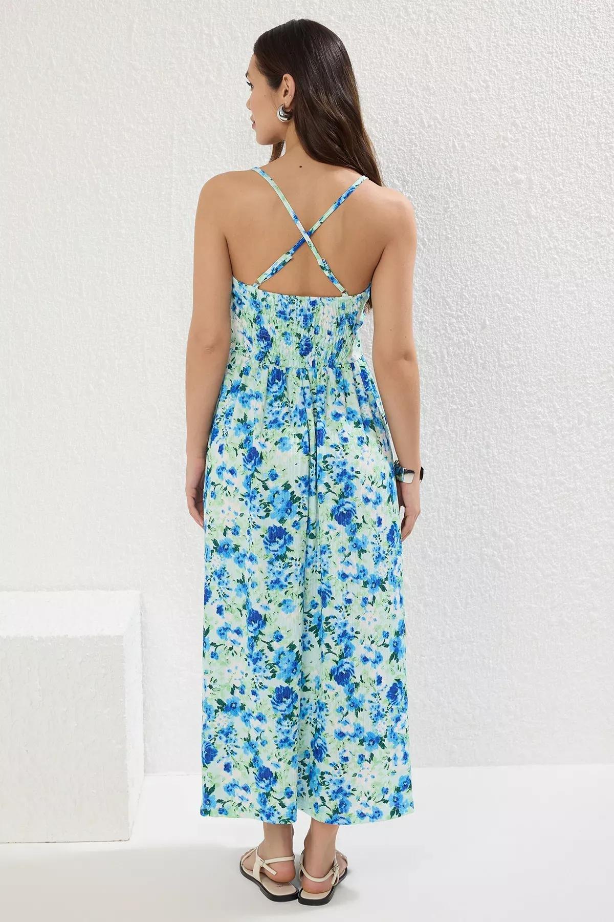 Blue Floral Printed Pleated Dress, Blue, large image number 3