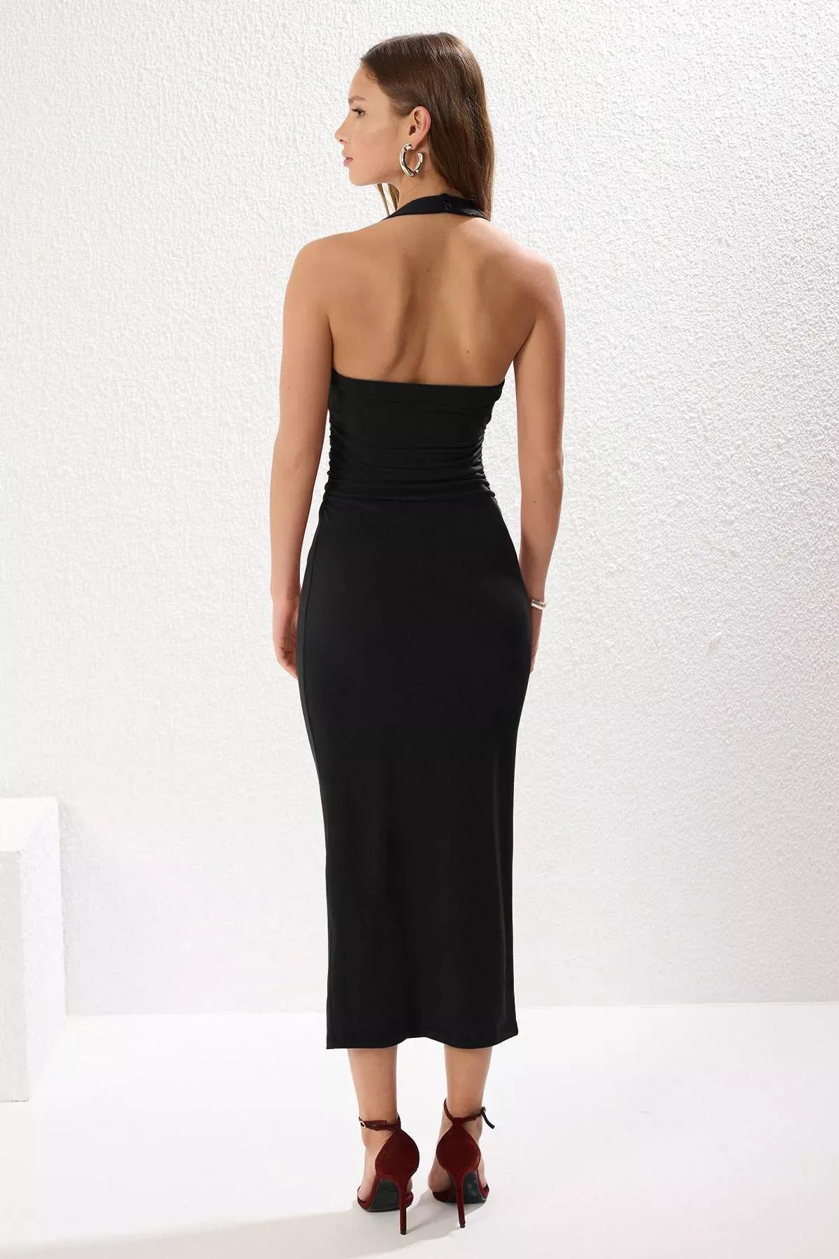 Black Halter Neck Pleated Maxi Dress, , large image number 4