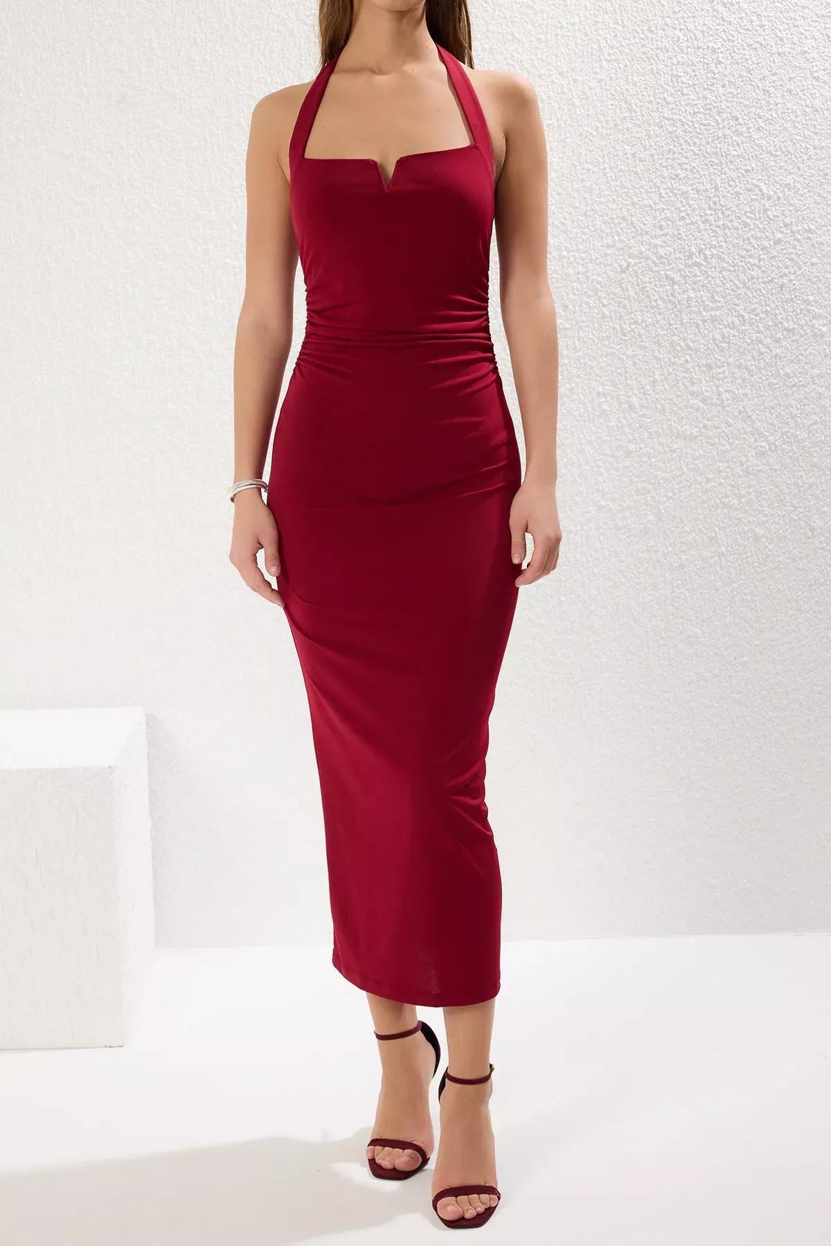Burgundy Pleated V-Neck Bodycon Dress, , large image number 2