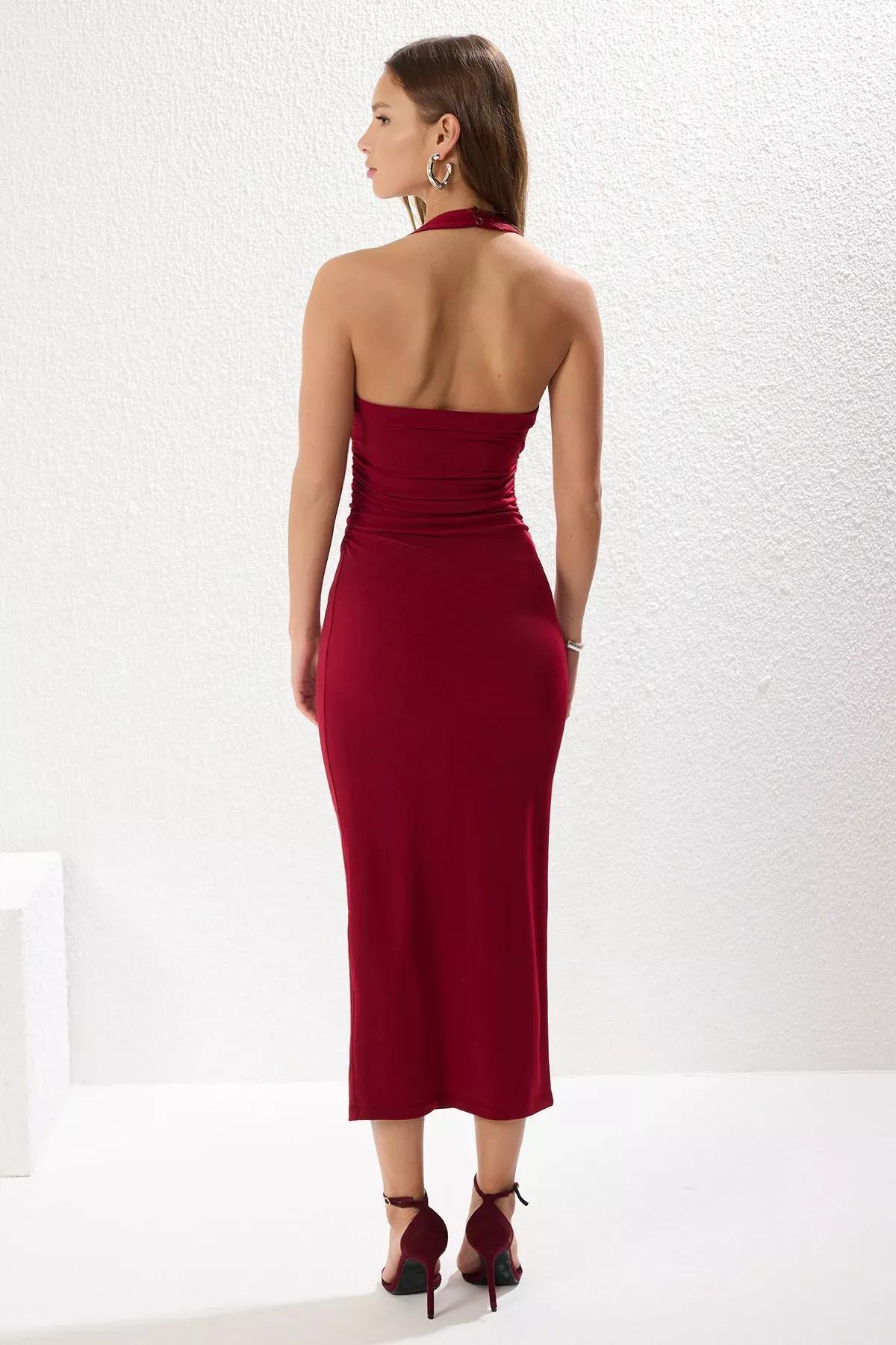 Burgundy Pleated V-Neck Bodycon Dress, , large image number 4