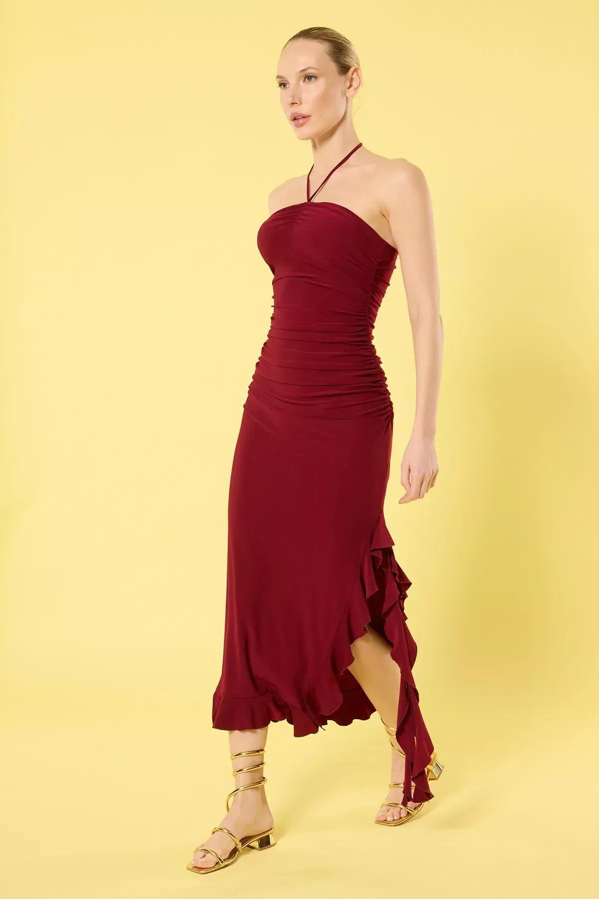 Burgundy Pleated Bodycon Maxi Dress, , large image number 0