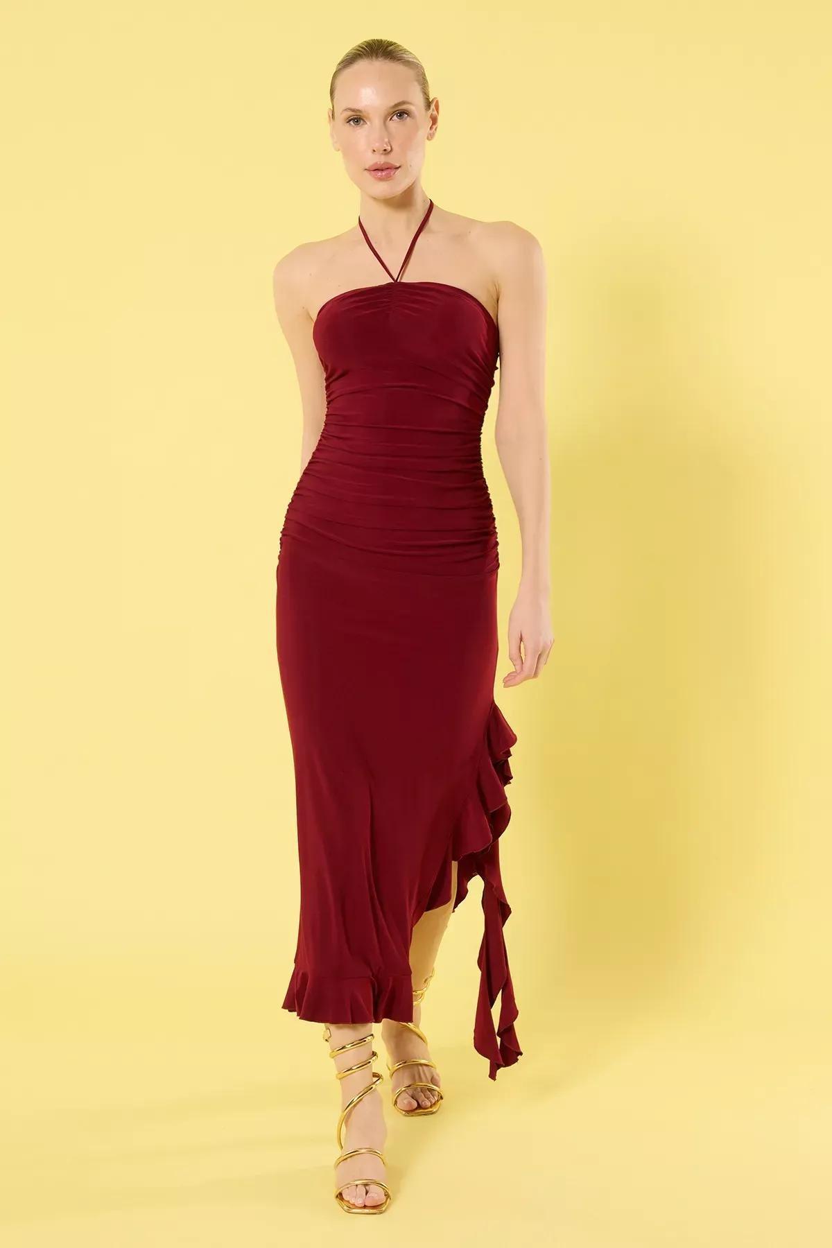 Burgundy Pleated Bodycon Maxi Dress, , large image number 1