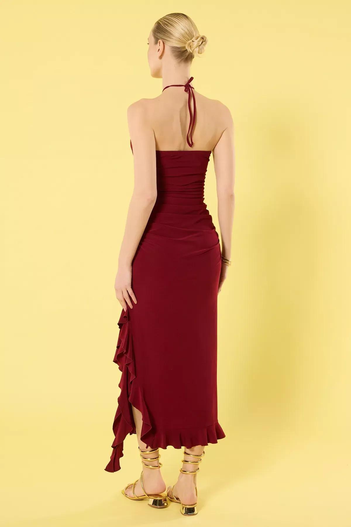 Burgundy Pleated Bodycon Maxi Dress, , large image number 3