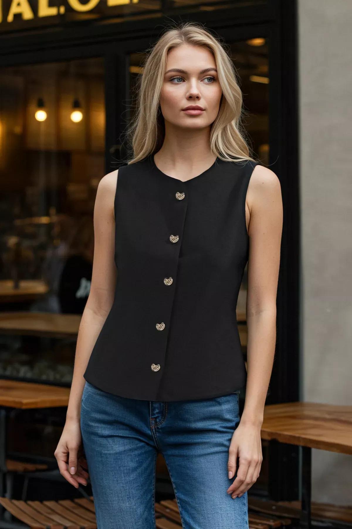 Black Heart Button Detail Vest, BLACK, large image number 1