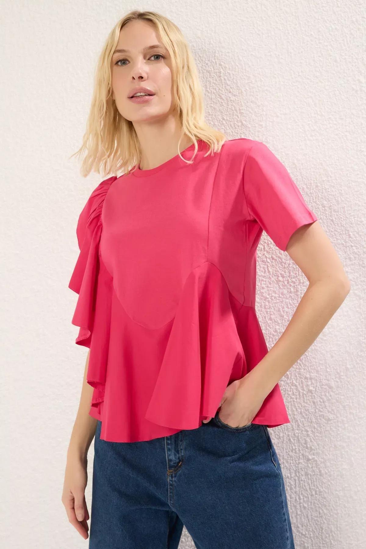 Pink Ruffle Knit Blouse, Fuchsia, large image number 0