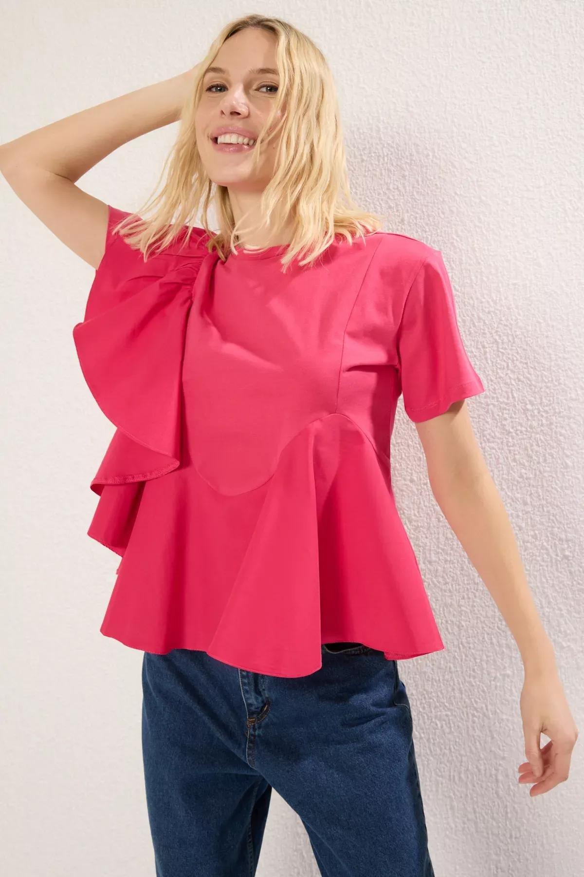 Pink Ruffle Knit Blouse, Fuchsia, large image number 1