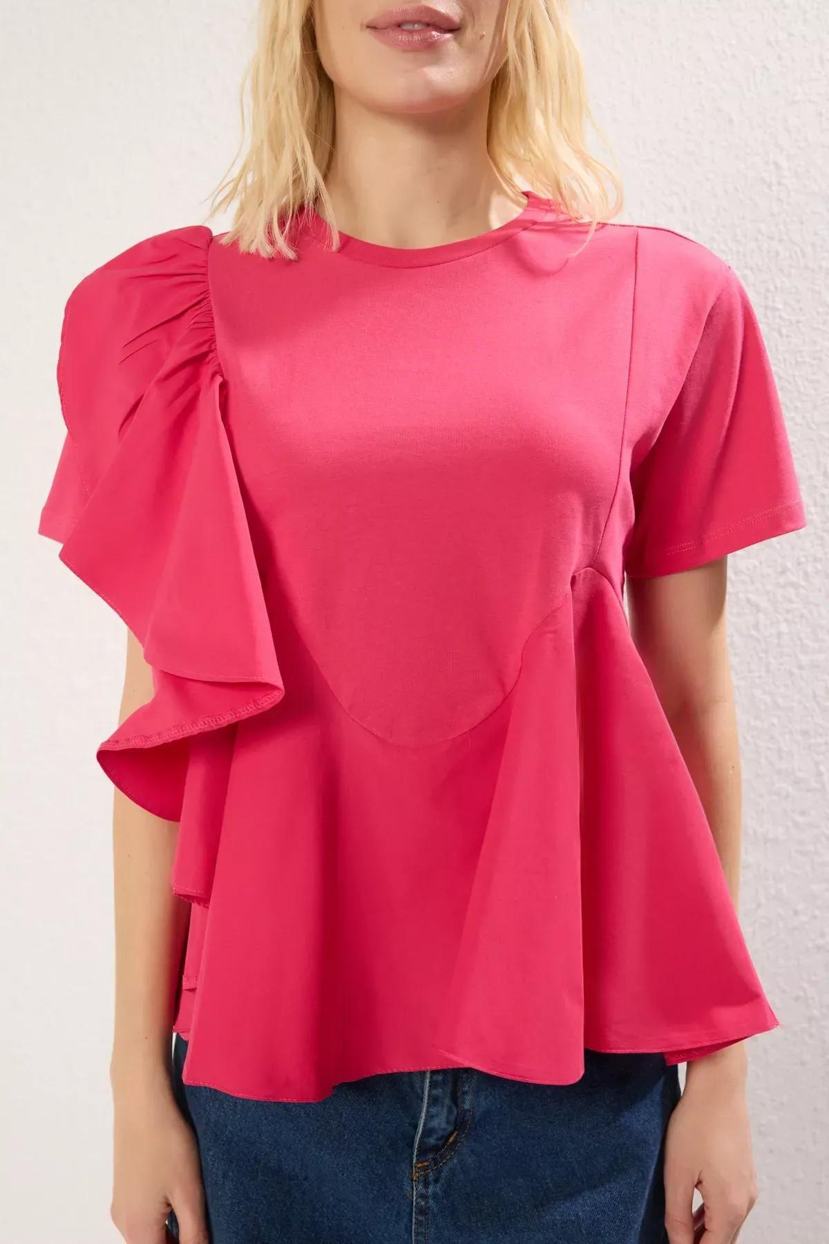 Pink Ruffle Knit Blouse, Fuchsia, large image number 2
