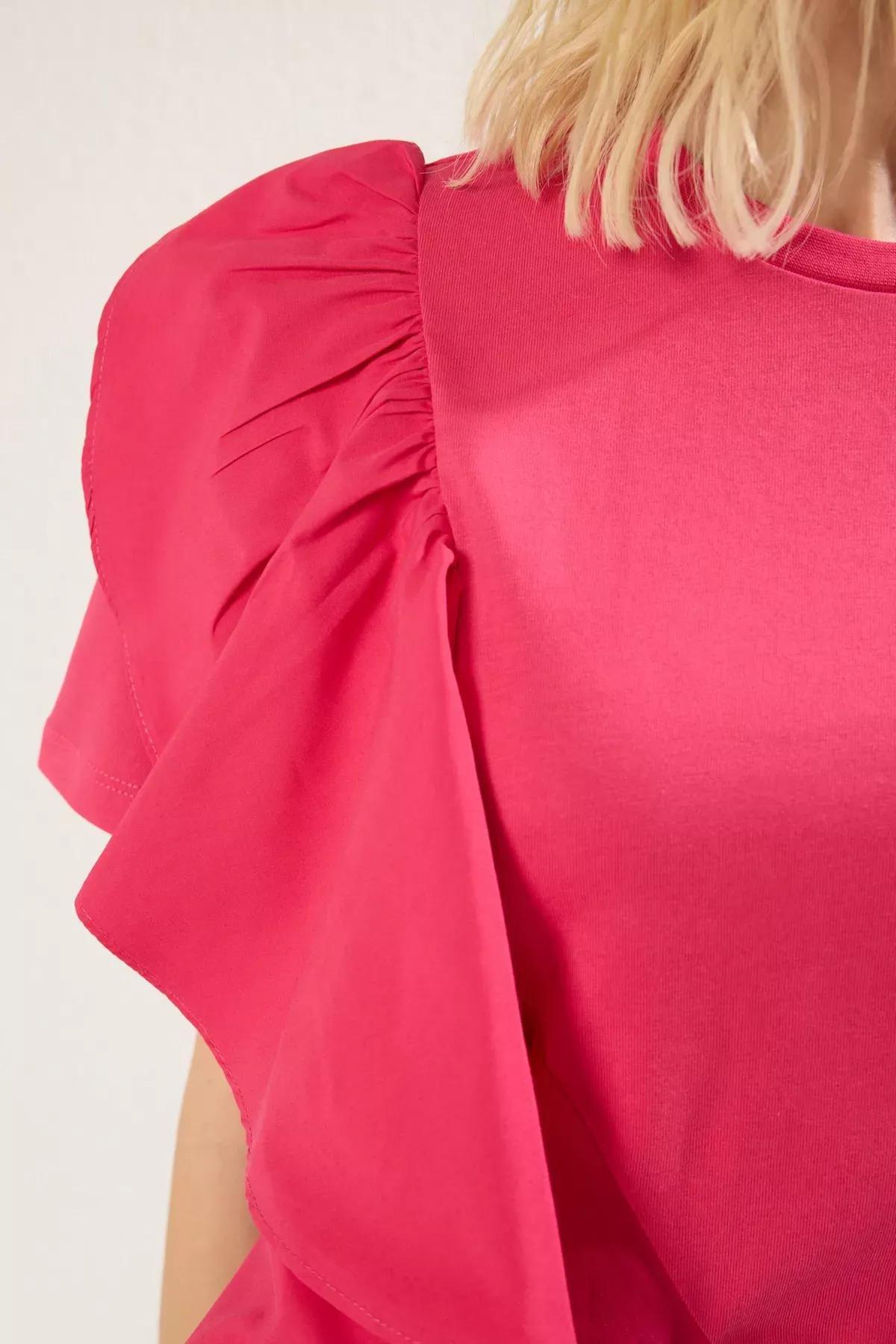 Pink Ruffle Knit Blouse, Fuchsia, large image number 3