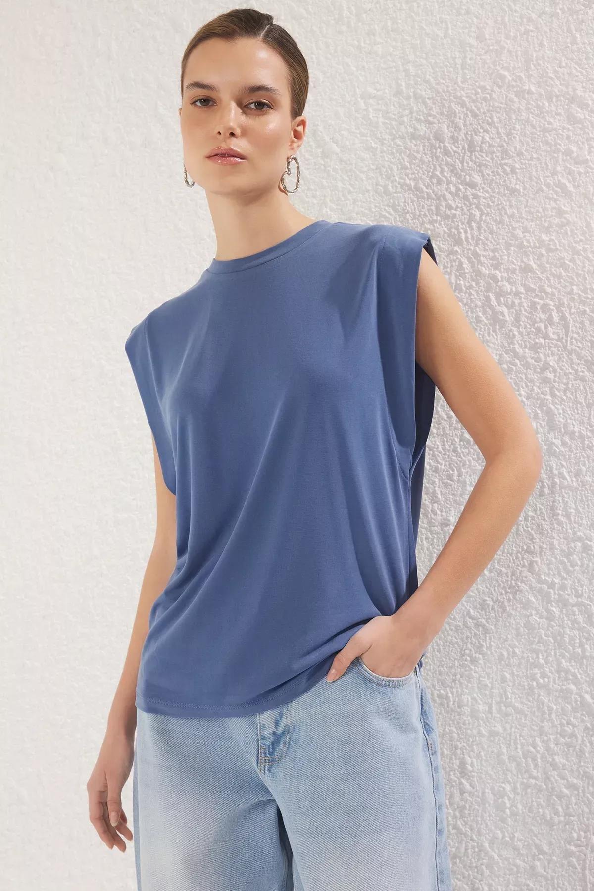 Blue Modal Moon Sleeve Crew-Neck T-Shirt, , large image number 1