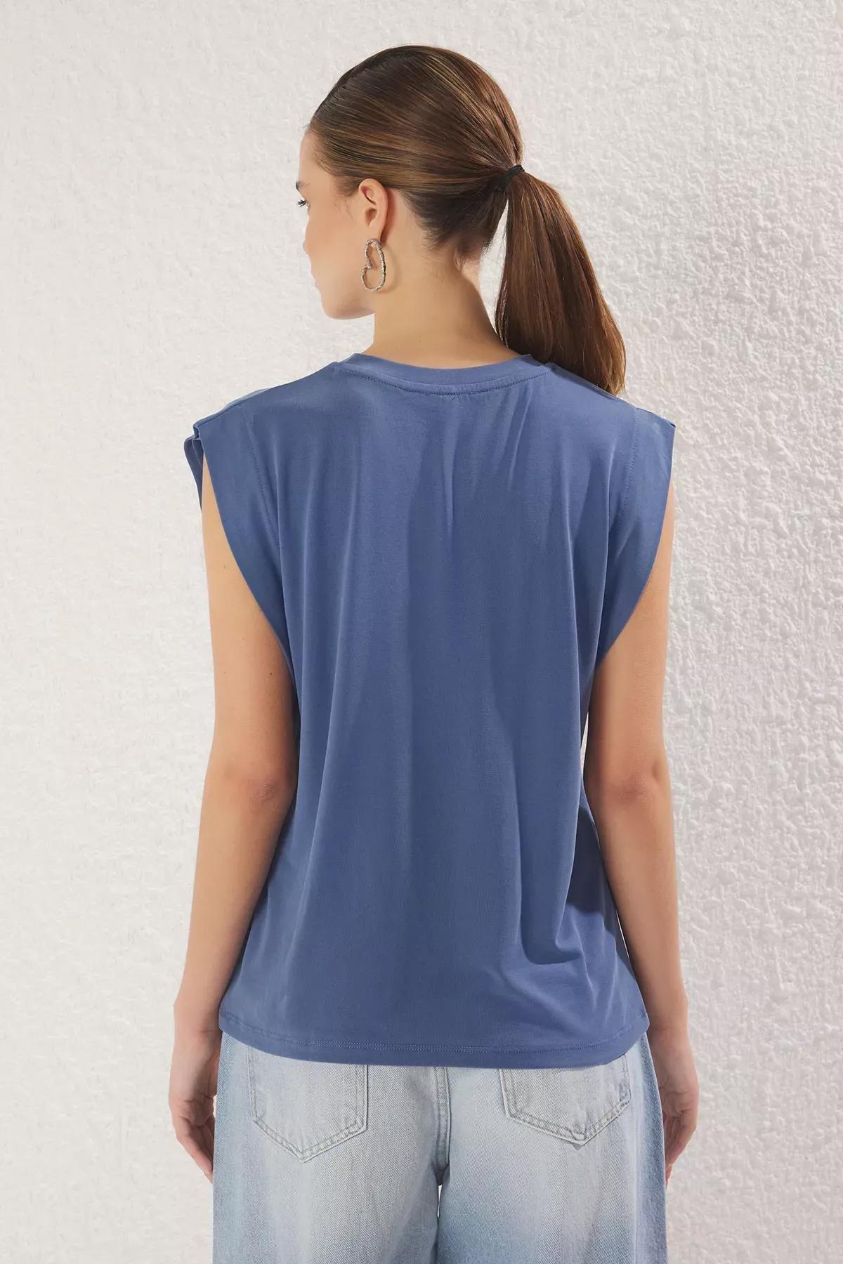 Blue Modal Moon Sleeve Crew-Neck T-Shirt, , large image number 4