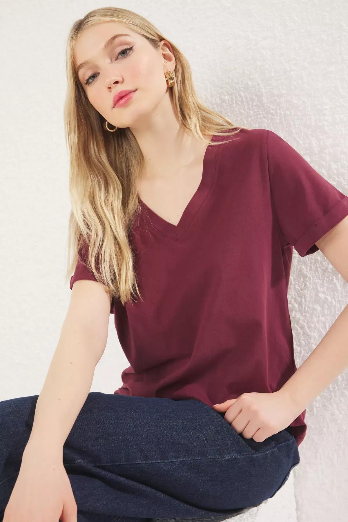 Red Jersey V-Neck Short Sleeve T-Shirt, Burgundy, medium