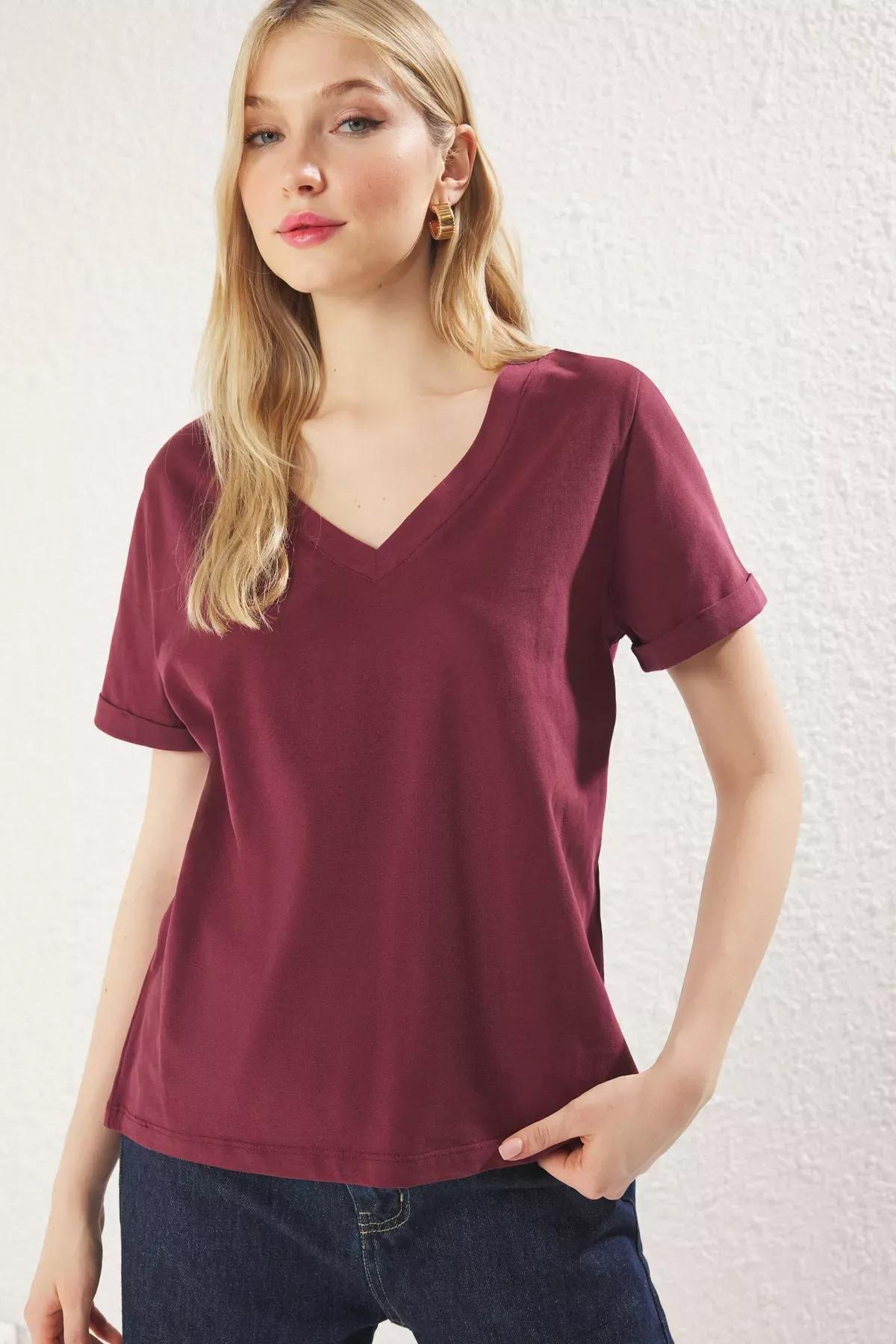 Red Jersey V-Neck Short Sleeve T-Shirt, Burgundy, medium