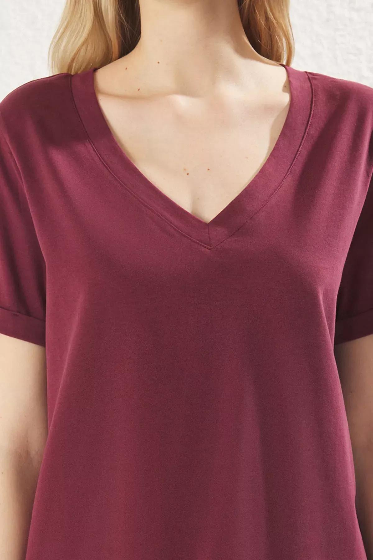 Red Jersey V-Neck Short Sleeve T-Shirt, Burgundy, large image number 3