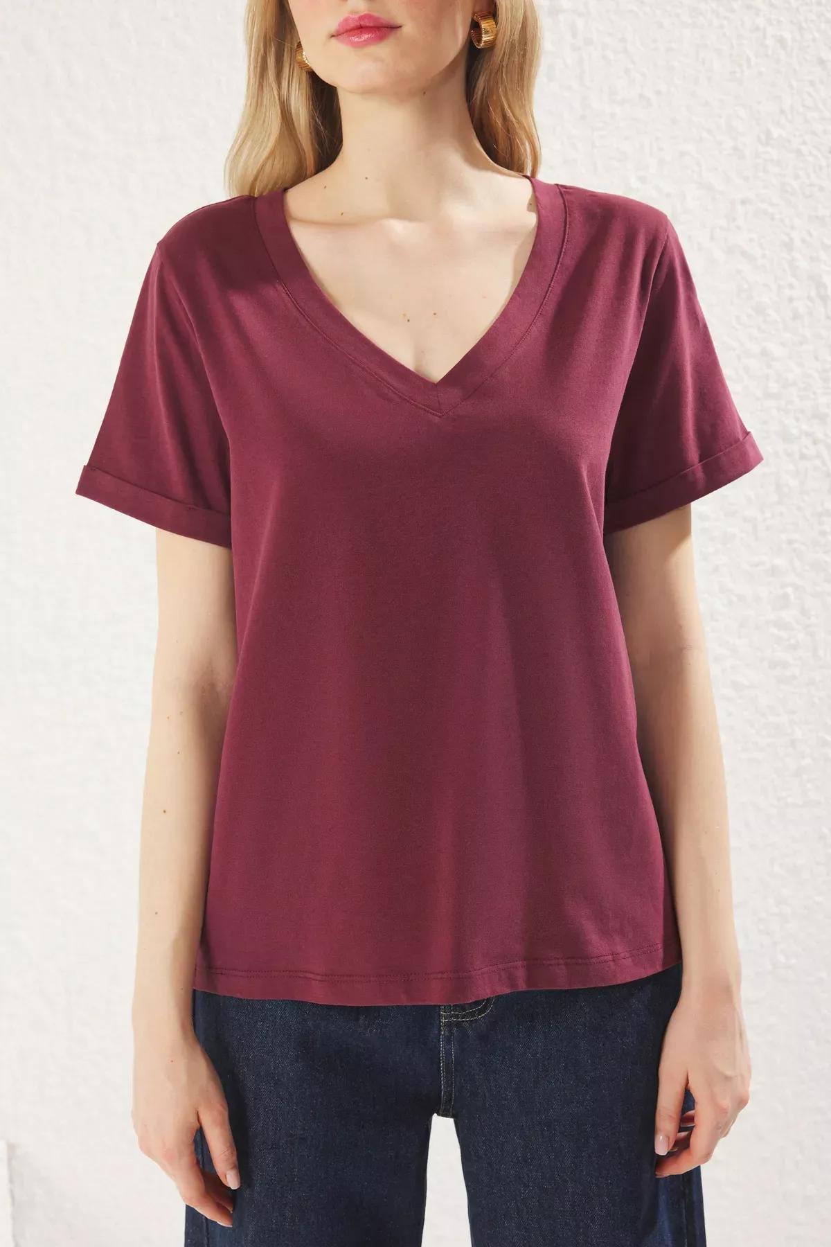 Red Jersey V-Neck Short Sleeve T-Shirt, Burgundy, large image number 4
