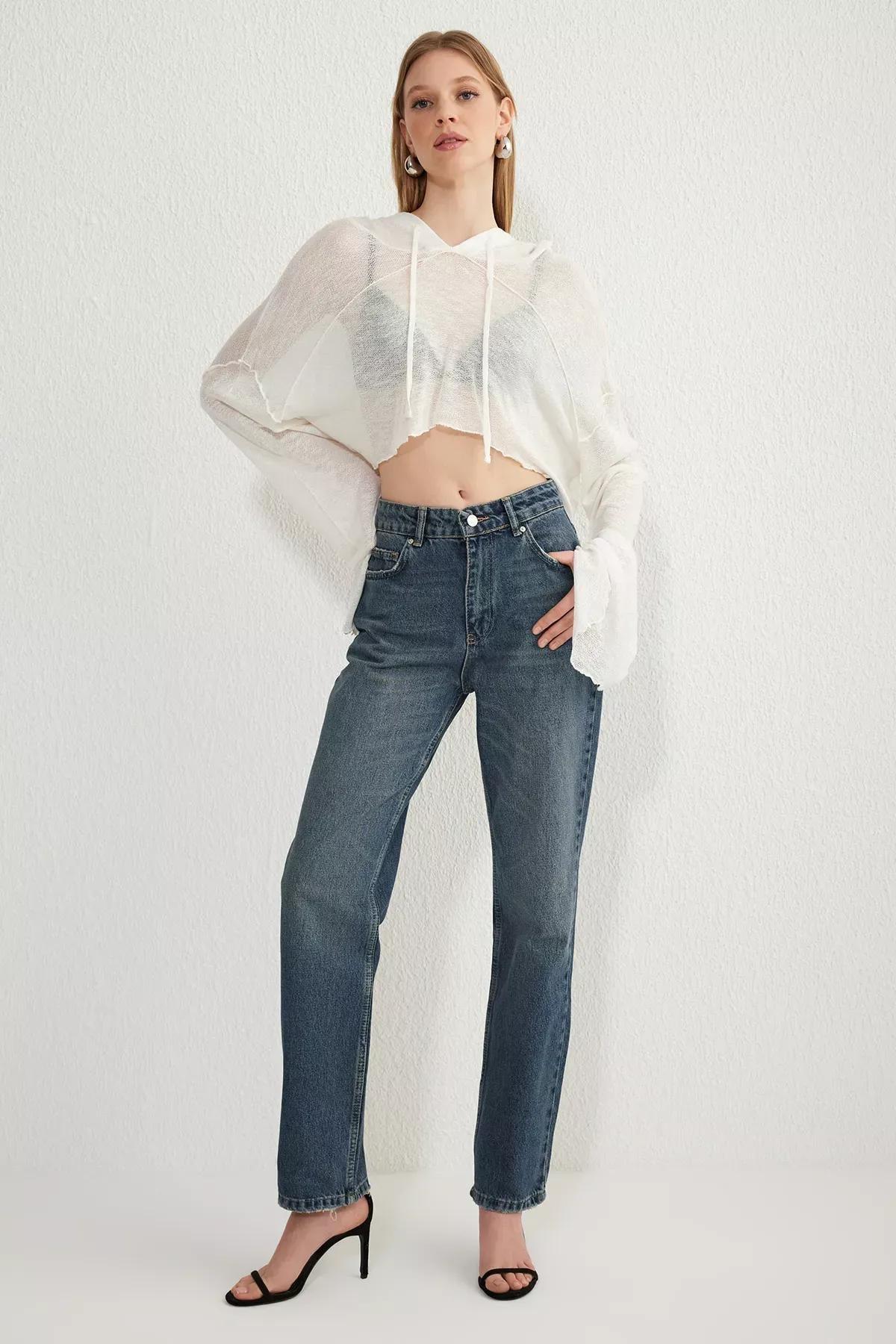 Blue High-Waist Straight Jeans, , large image number 0