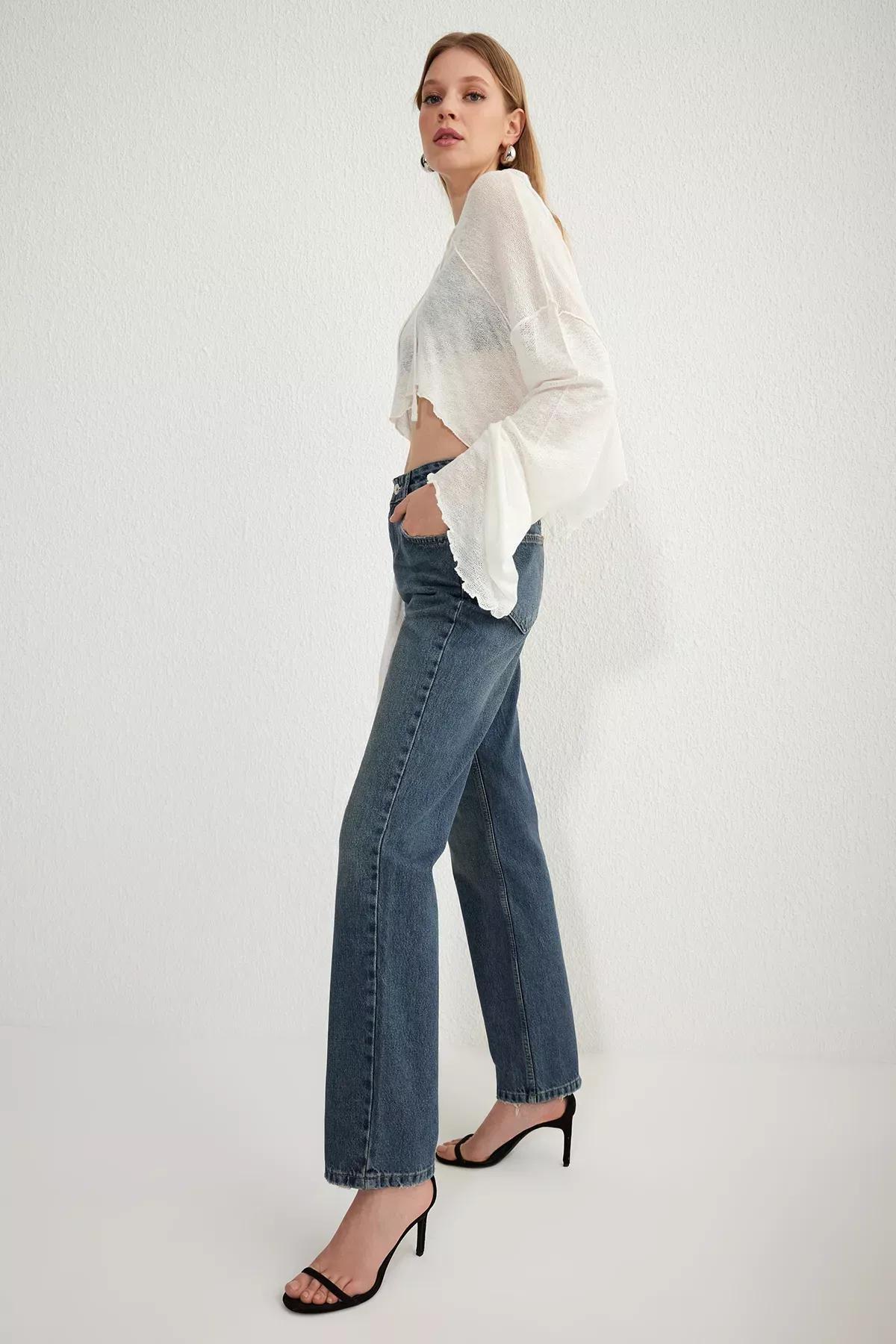 Blue High-Waist Straight Jeans, , large image number 1