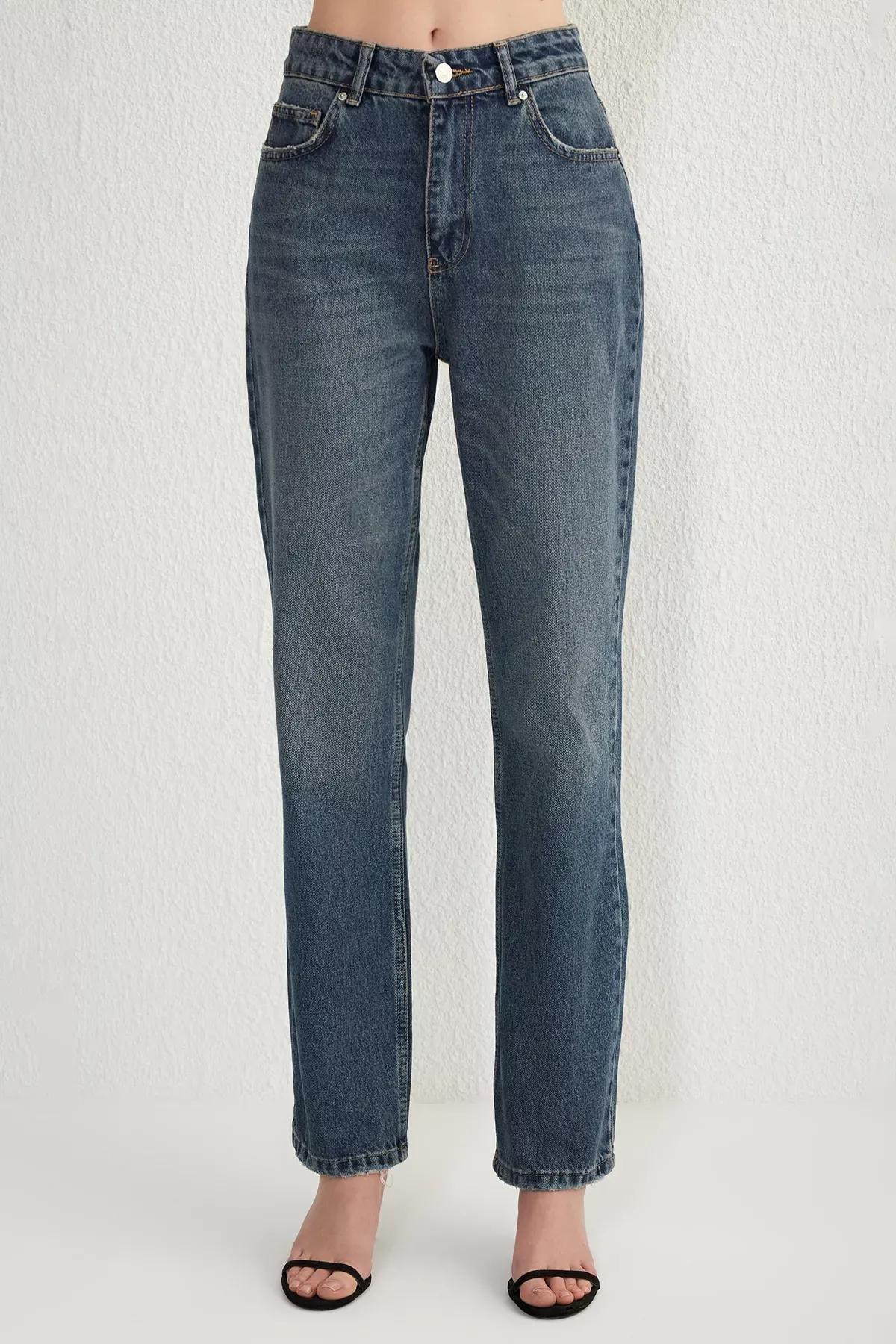 Blue High-Waist Straight Jeans, , large image number 2