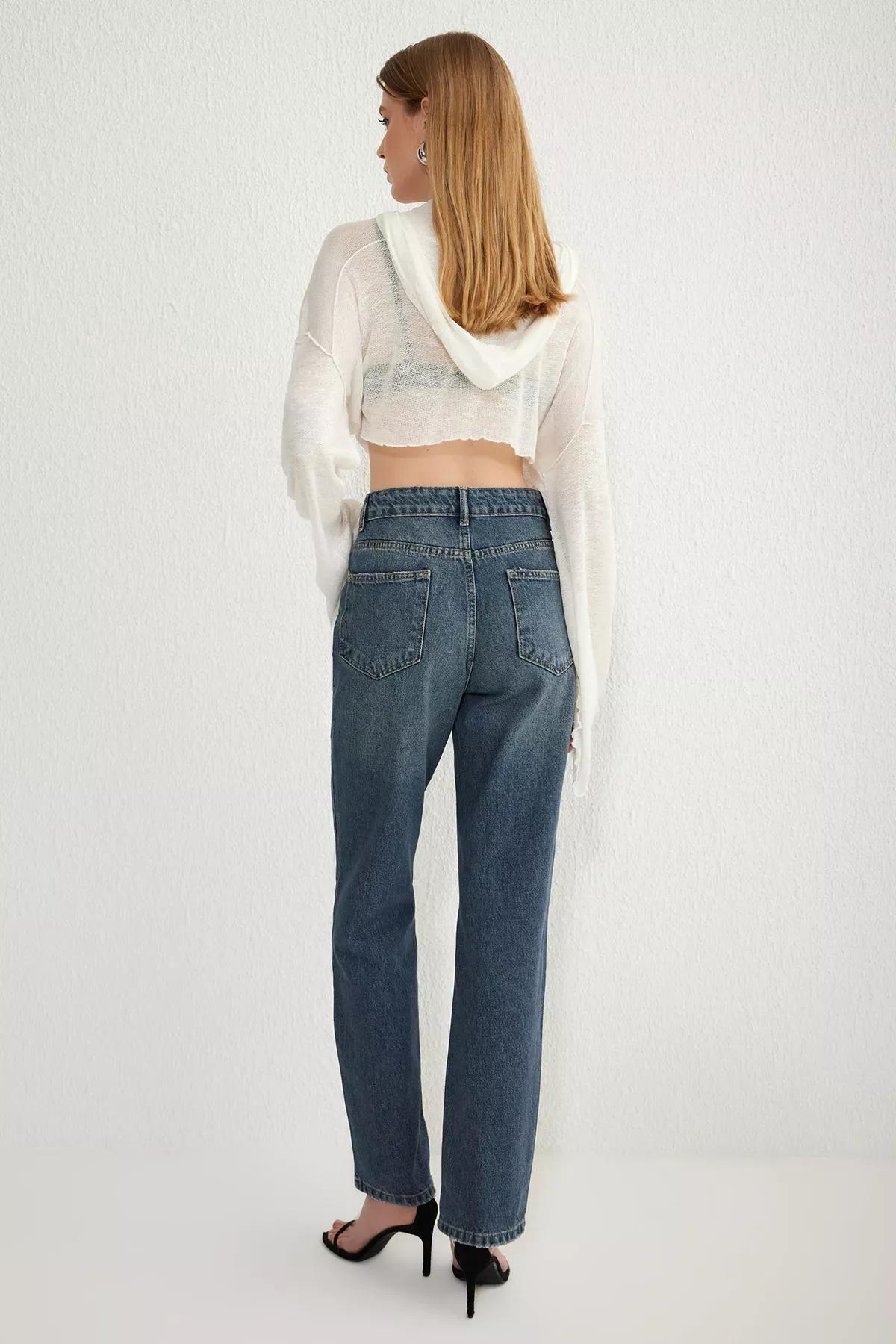 Blue High-Waist Straight Jeans, , large image number 4