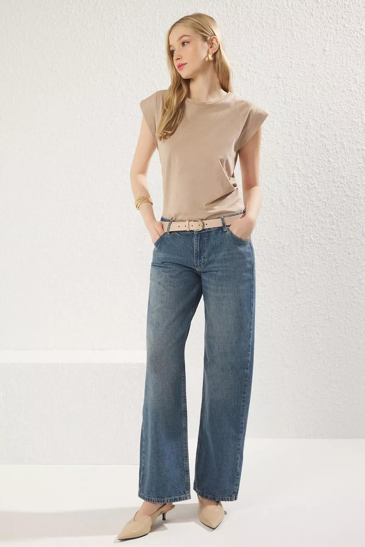 Blue Straight Wide Leg Jeans, , large image number 1