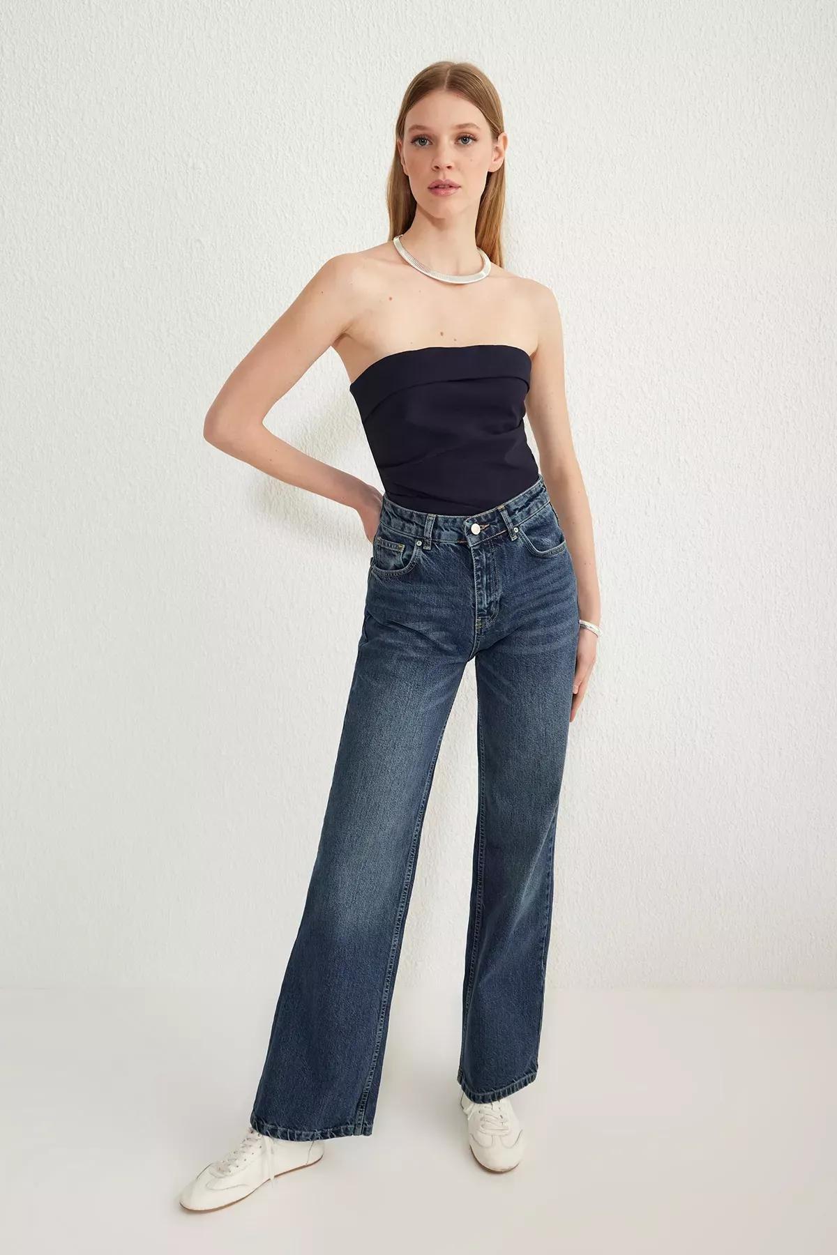 Blue Wide Leg Jeans, DARK BLUE, large image number 0